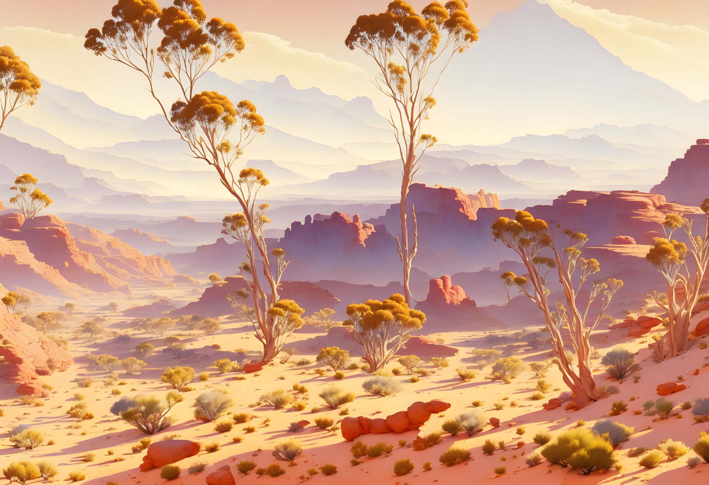 Tranquil desert scene with trees, sand dunes, and rock formations