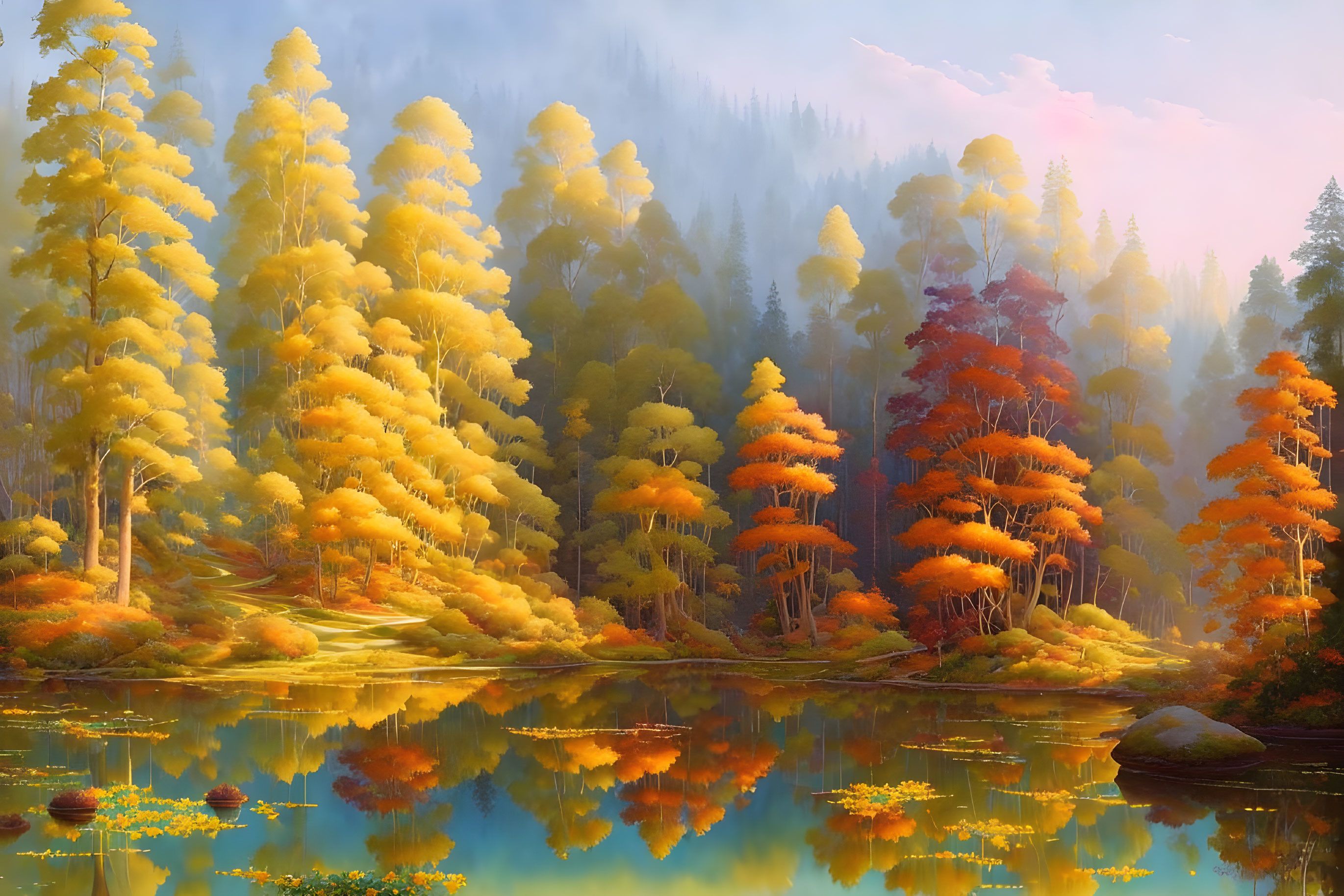 Tranquil autumn forest scene with reflective lake and water lilies