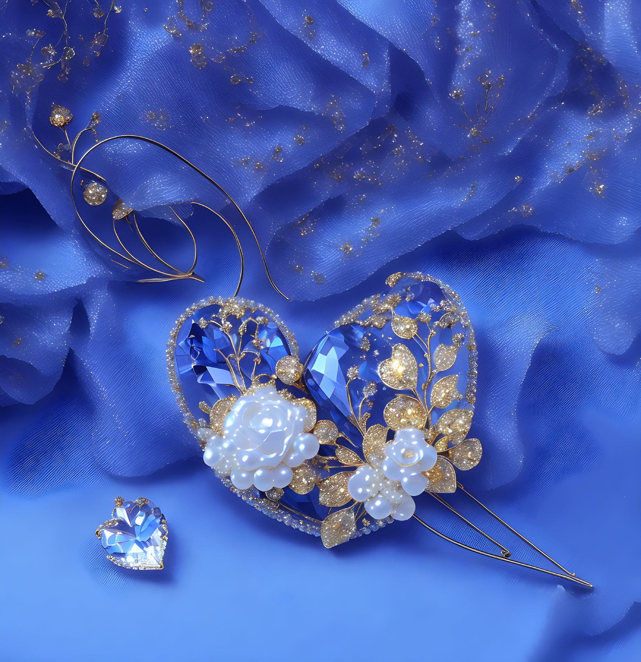 Heart-shaped Sapphire Pendant with Gold Wire and Floral Patterns on Blue Textured Fabric