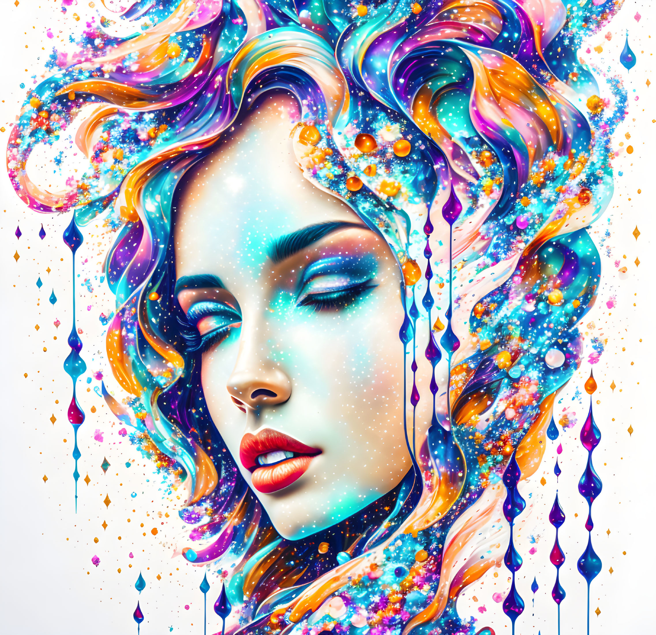 Vibrant woman portrait with multicolored hair and glittering accents