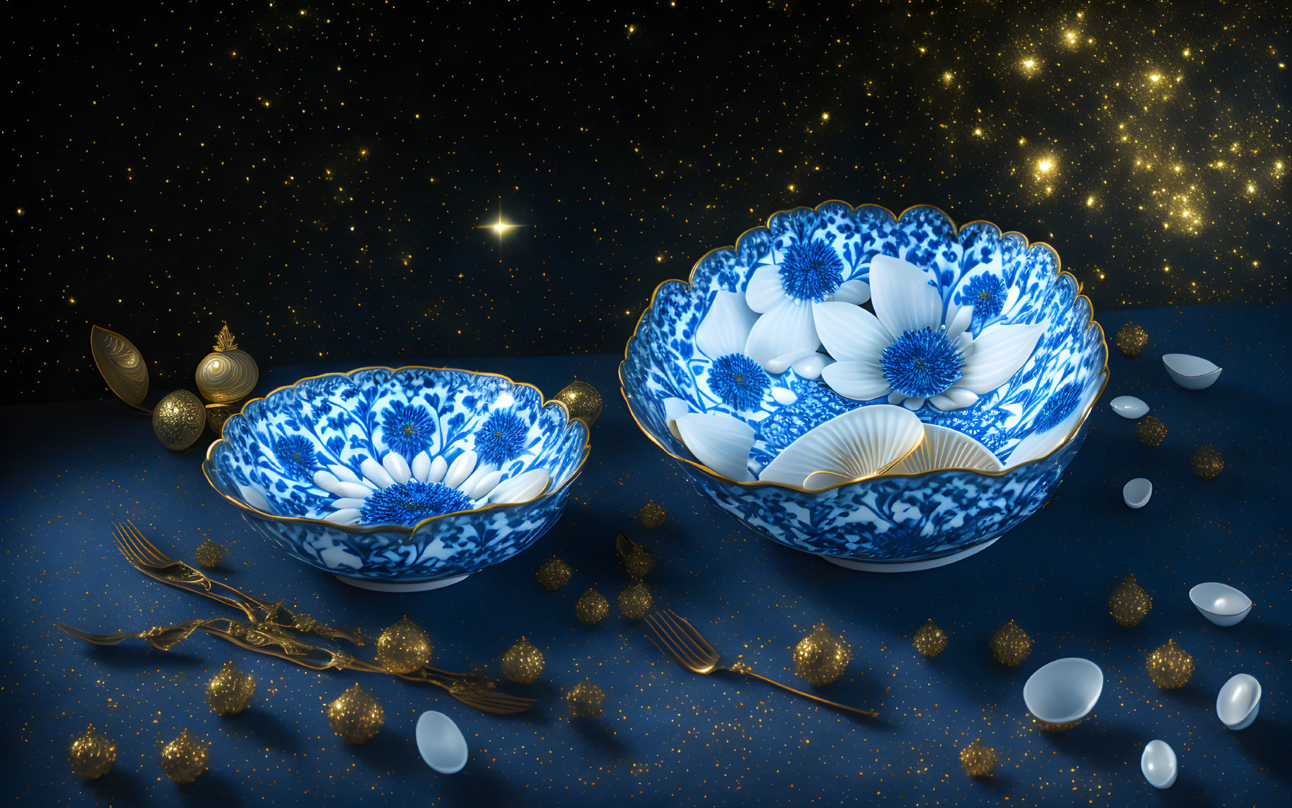 Blue and White Floral Bowls with Gold Cutlery on Starry Background