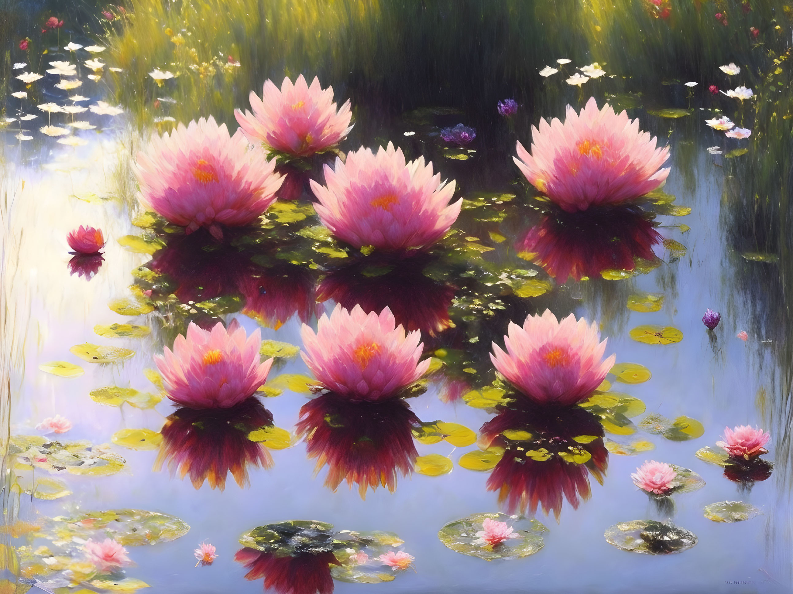 Tranquil pond scene with pink water lilies and green lily pads