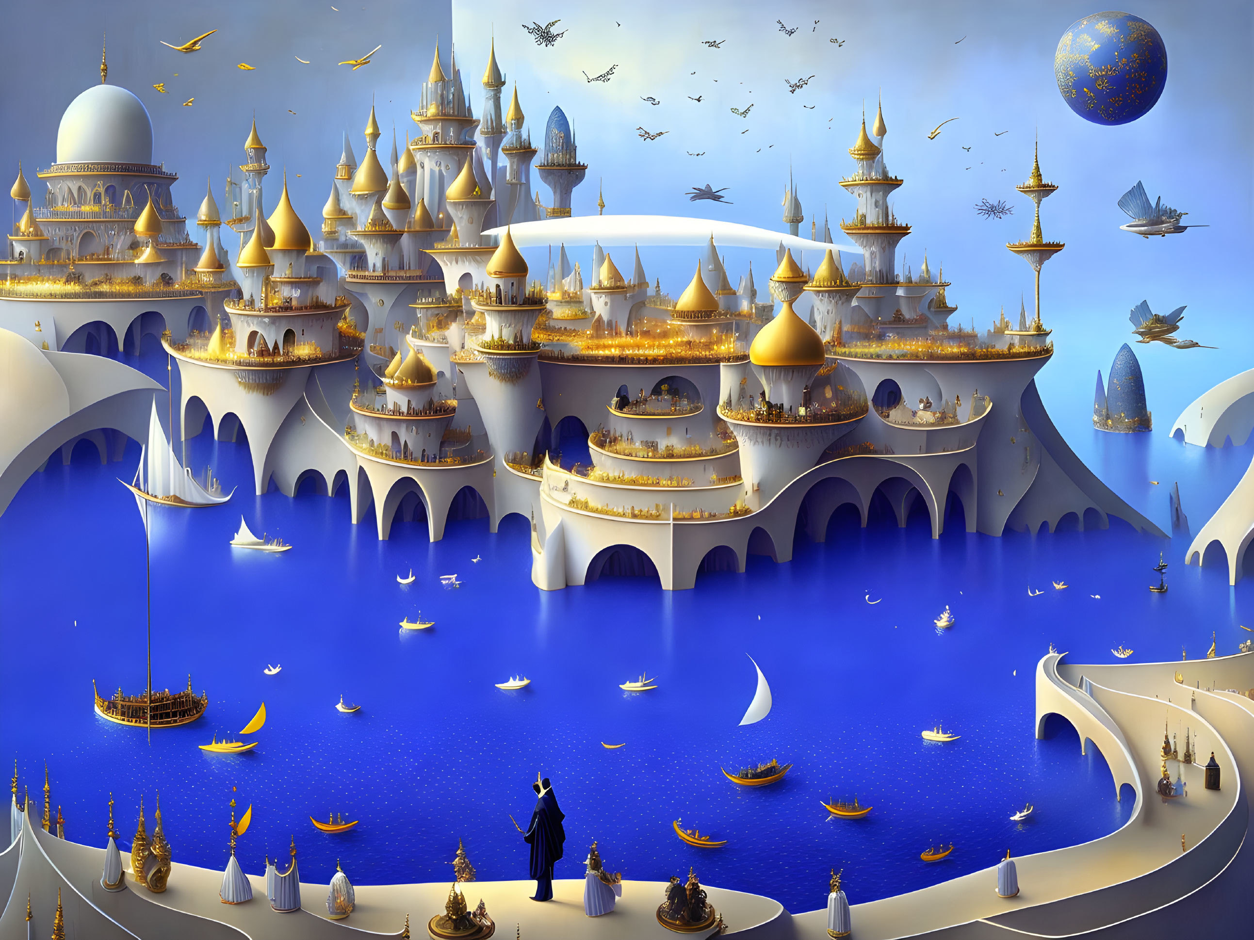 Golden-domed cityscape with boats, birds, couple, and celestial body