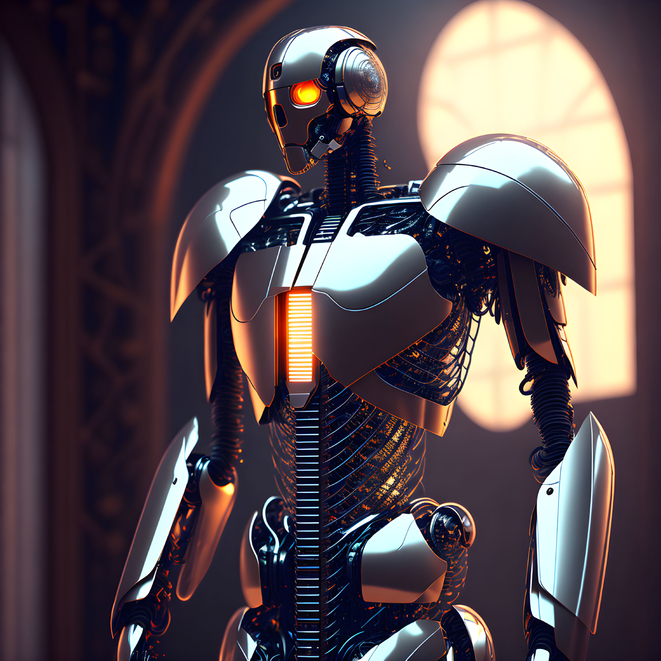 Futuristic humanoid robot with metallic body and glowing orange eyes in room with arched windows.