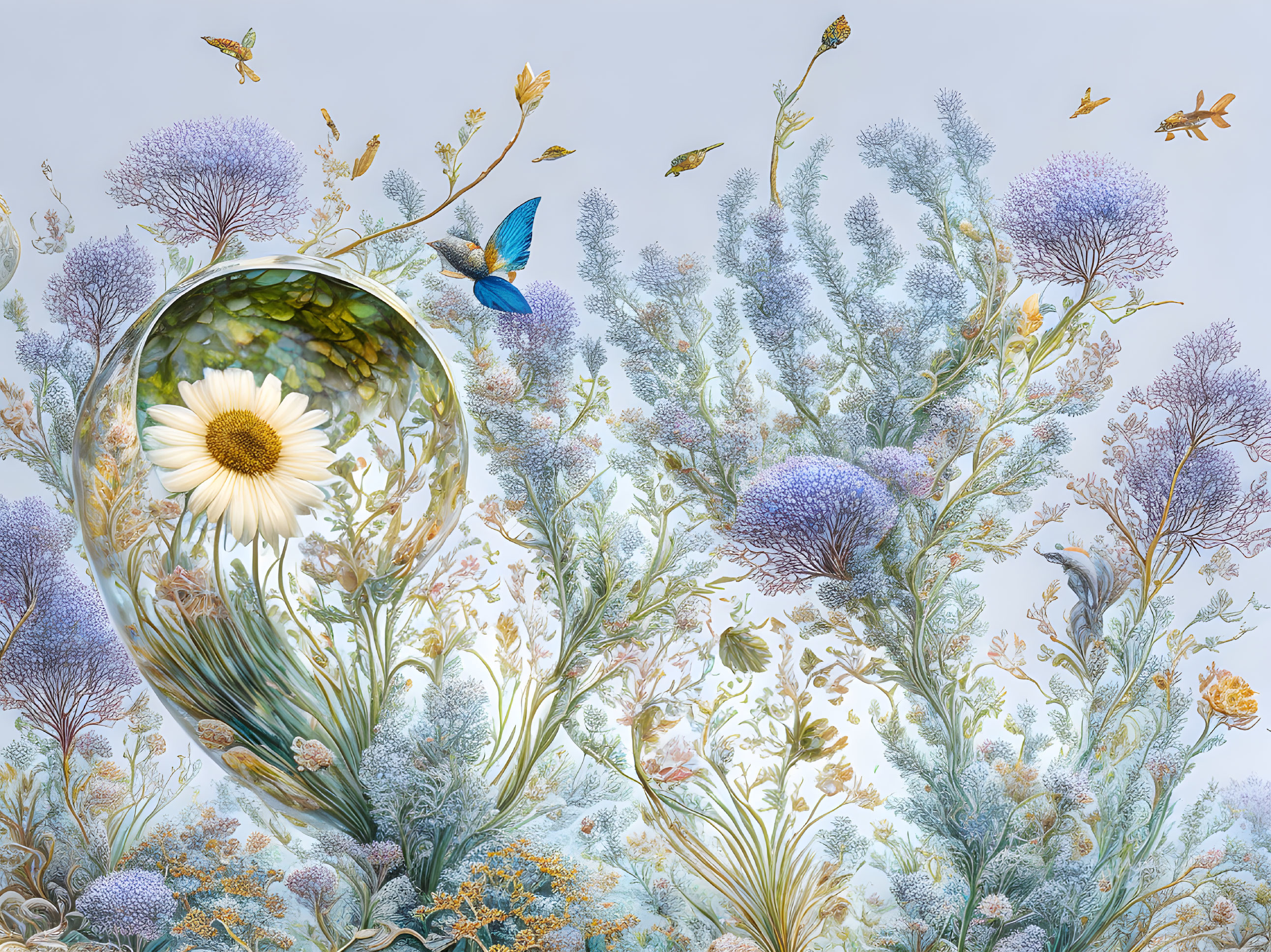 Illustration of diverse flower field with magnified daisy, butterflies, and birds