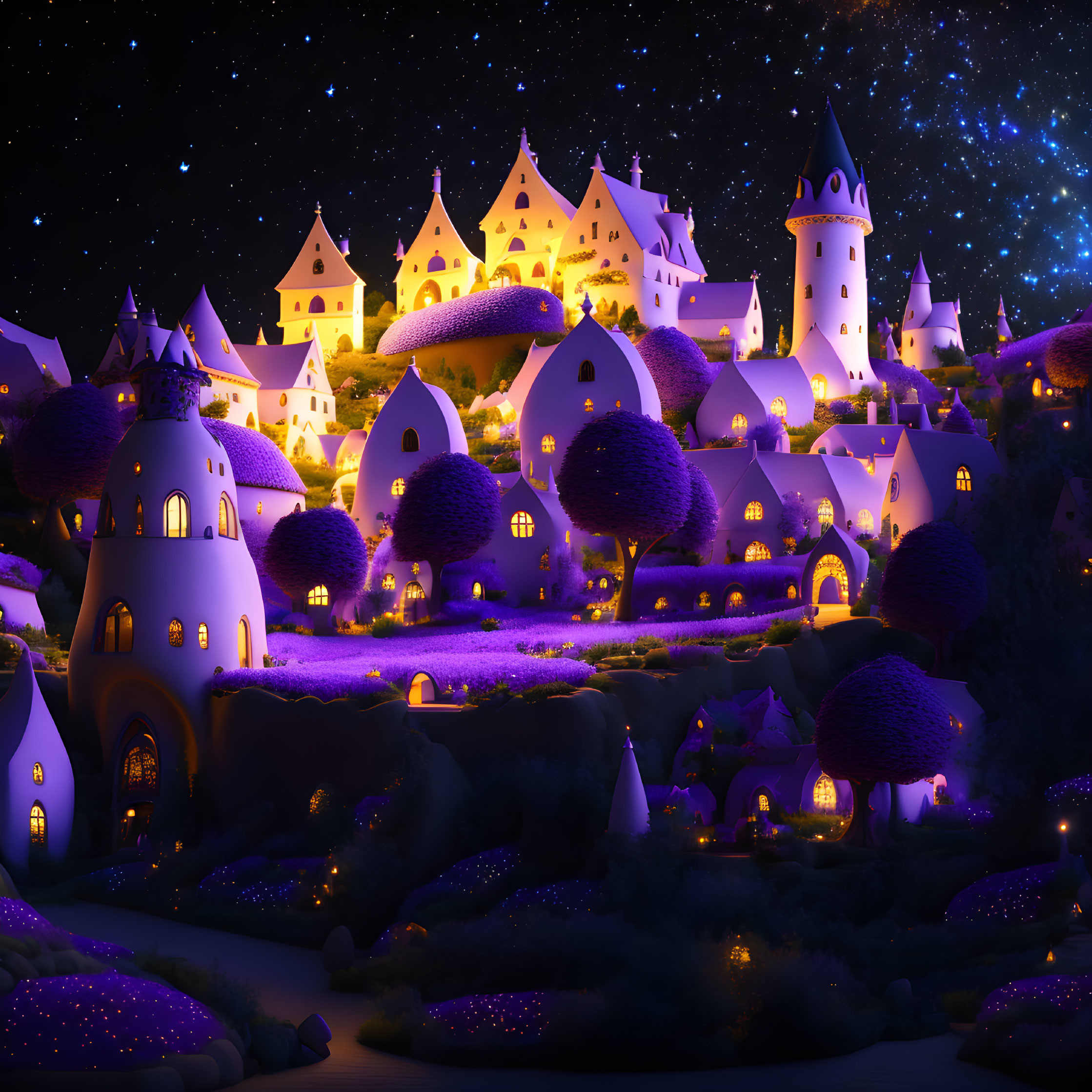 Enchanting nighttime village with fairy-tale houses and glowing purple lights