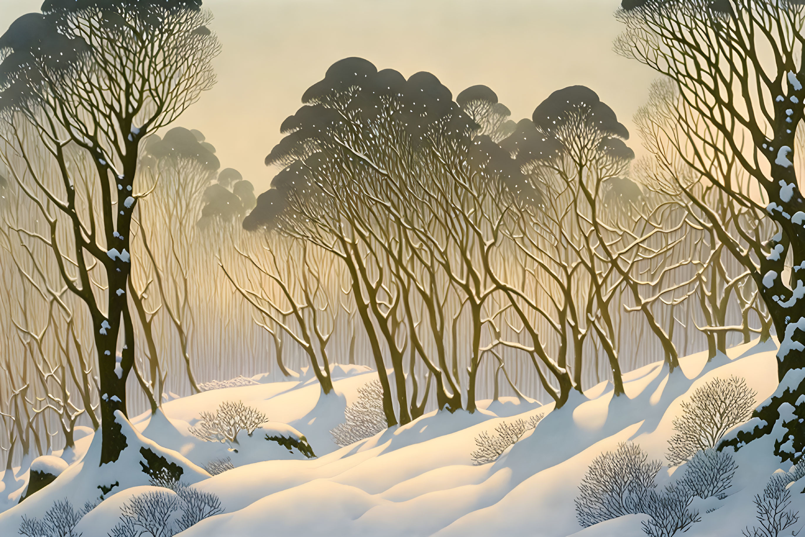 Snow-covered winter landscape with intricate trees under warm sky