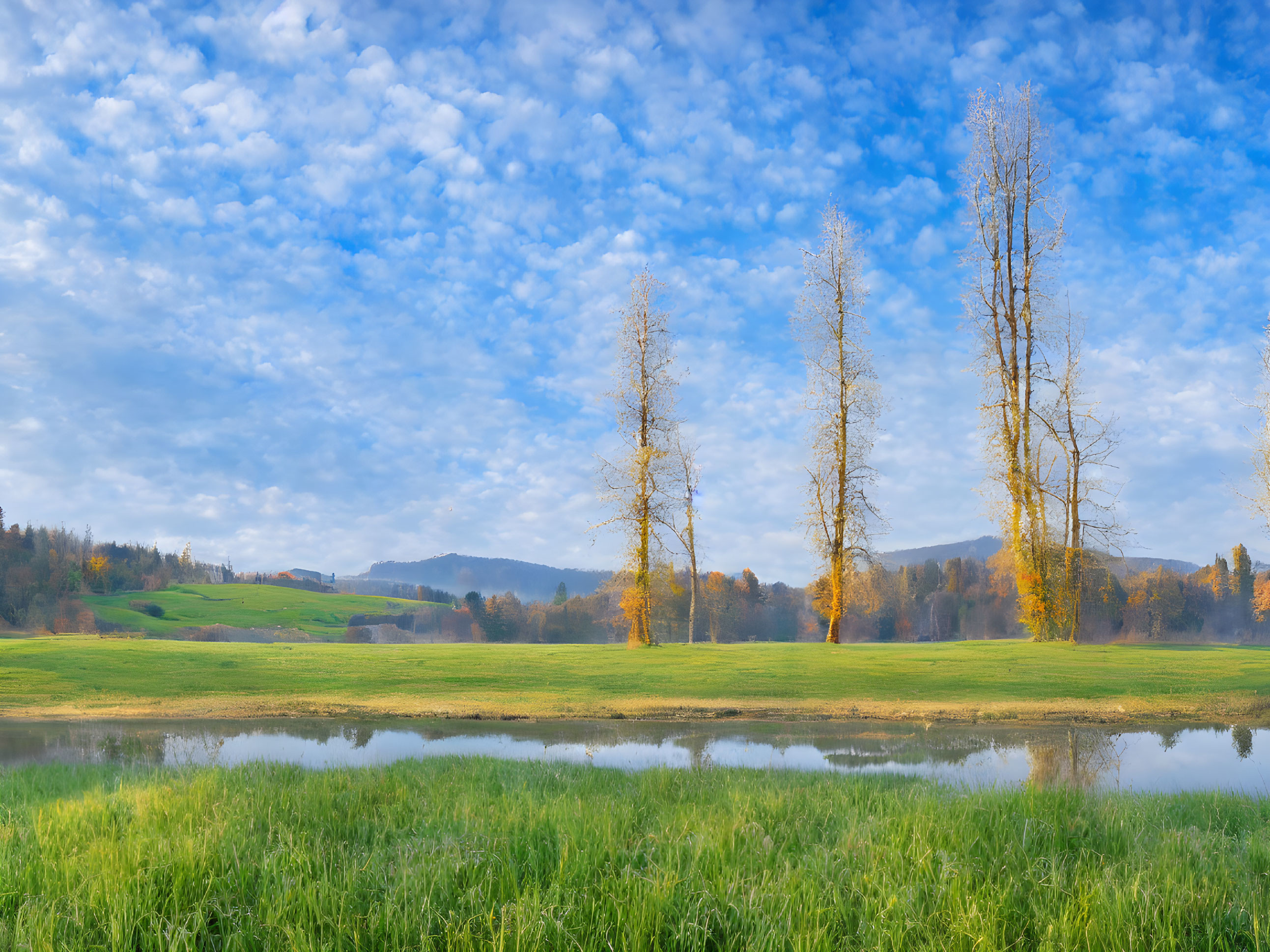 Tranquil landscape with reflective water, green fields, autumn trees, fluffy clouds