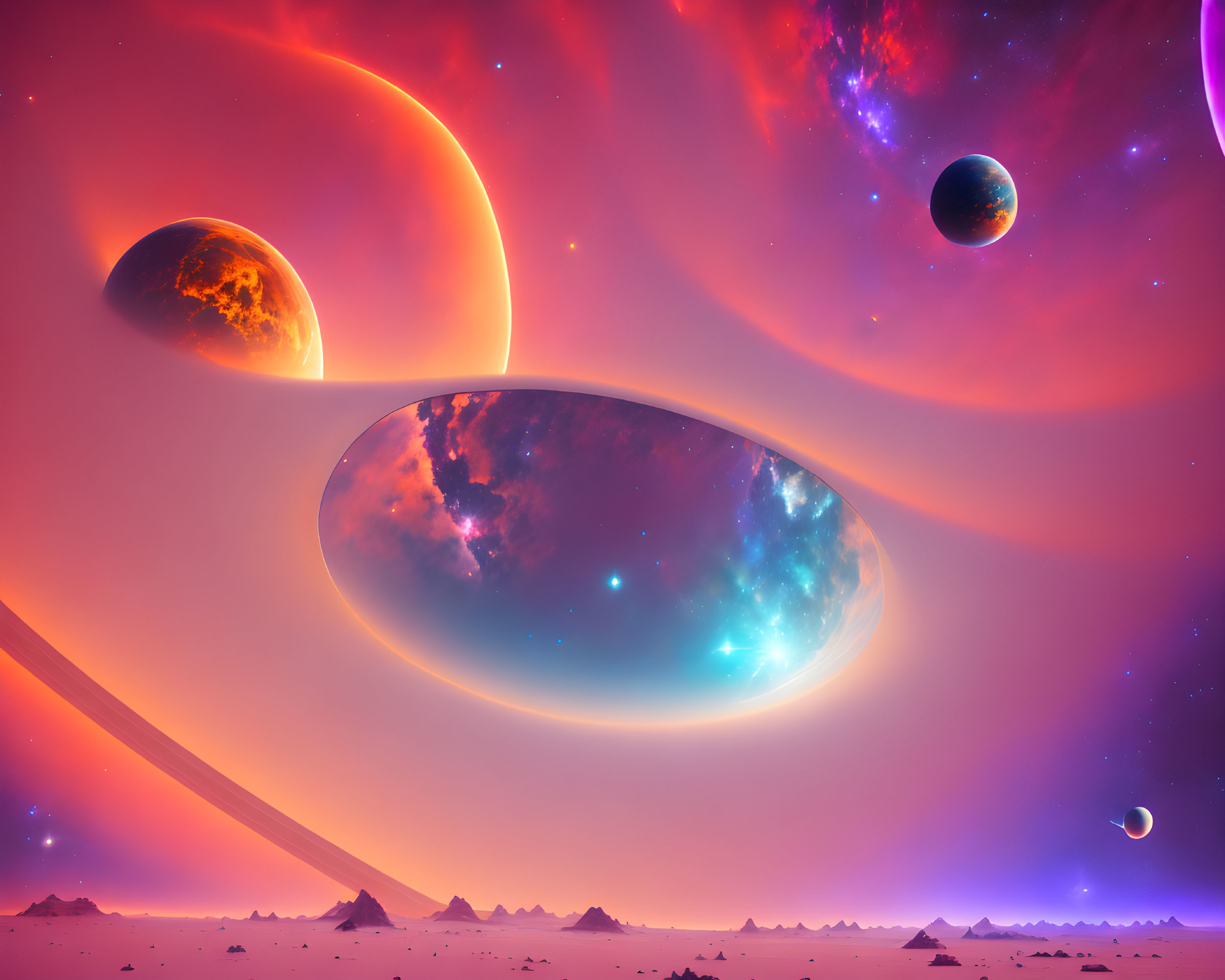 Colorful cosmic landscape with swirling nebulae and multiple planets