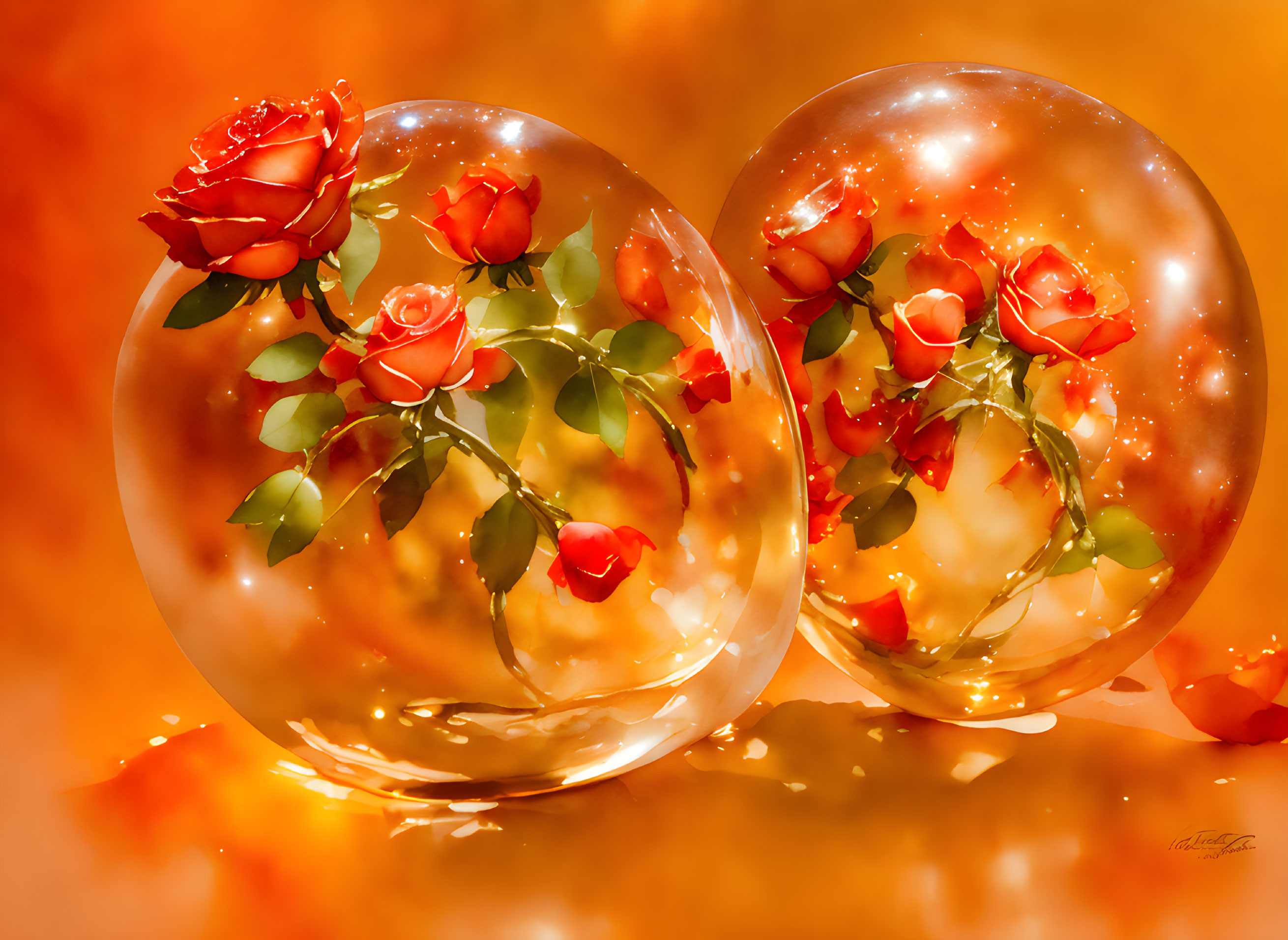 Transparent Spheres with Rose Branches on Orange Sparkling Background