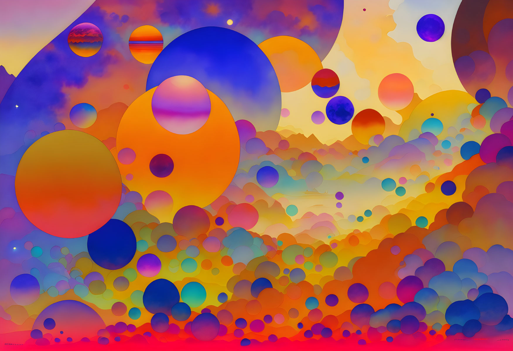 Colorful Abstract Artwork with Overlapping Circles in Orange, Red, and Blue