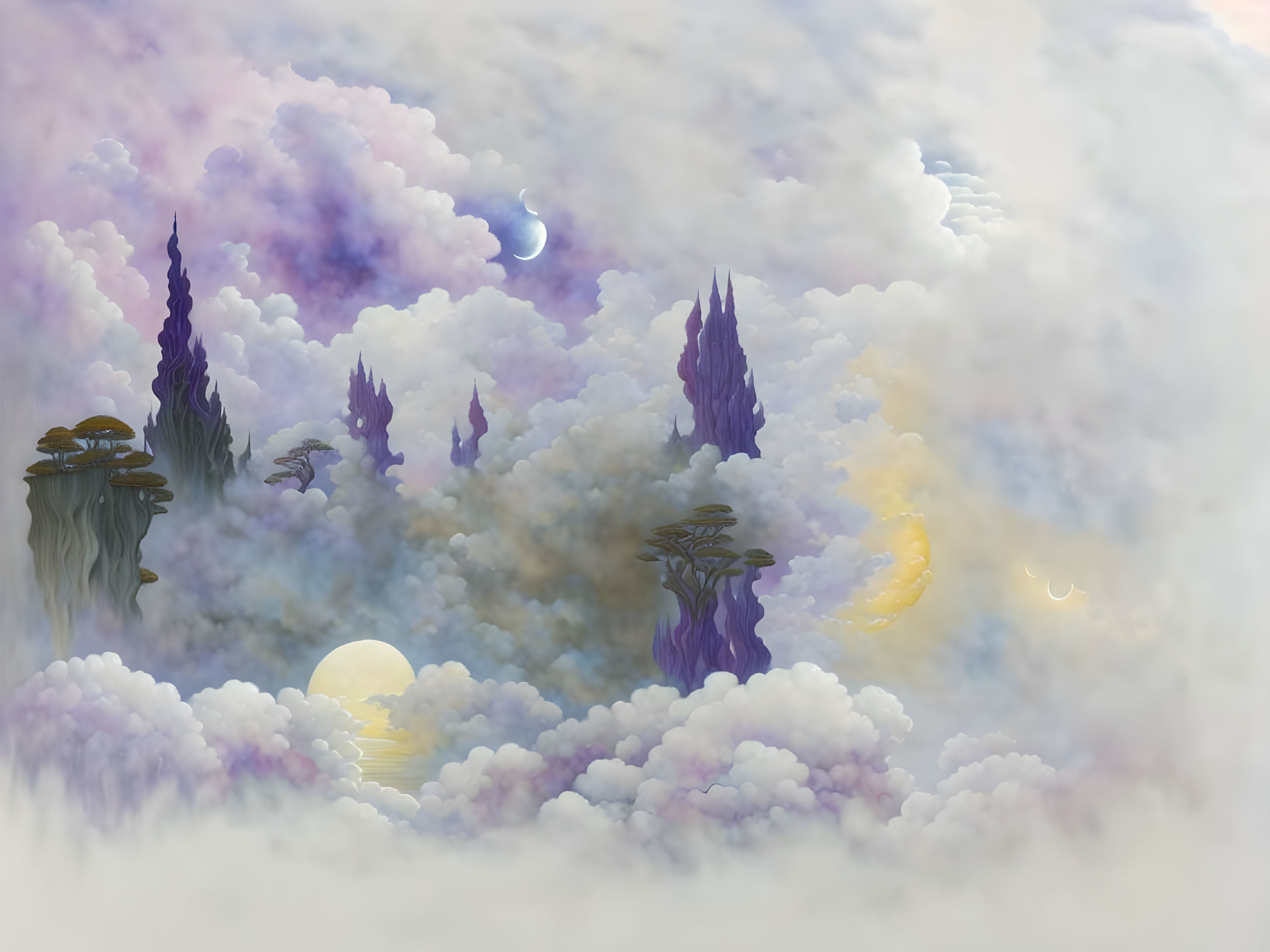 Fantastical landscape with towering spires on floating islands in dreamy cloudscape