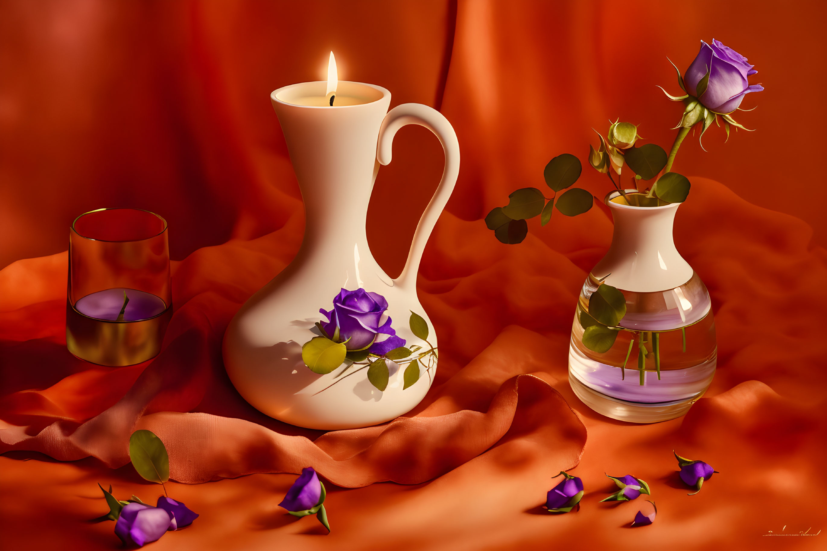 Still life with lit candle, glass, purple rose, and scattered petals