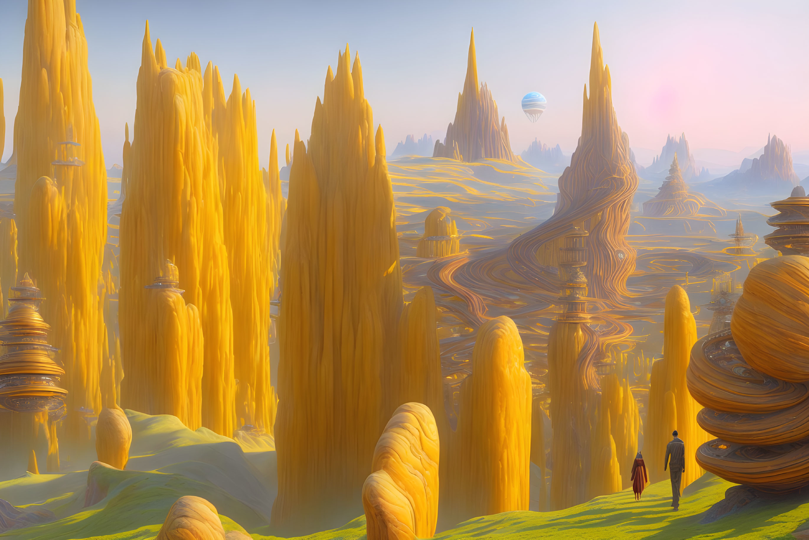 Golden spire-like formations in fantastical landscape at sunset