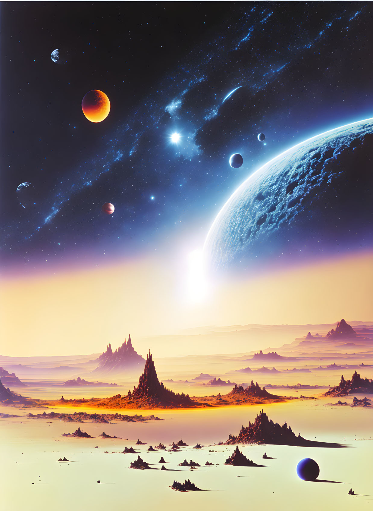 Sci-fi landscape with large planet, moons, starry sky, desert & rocky formations