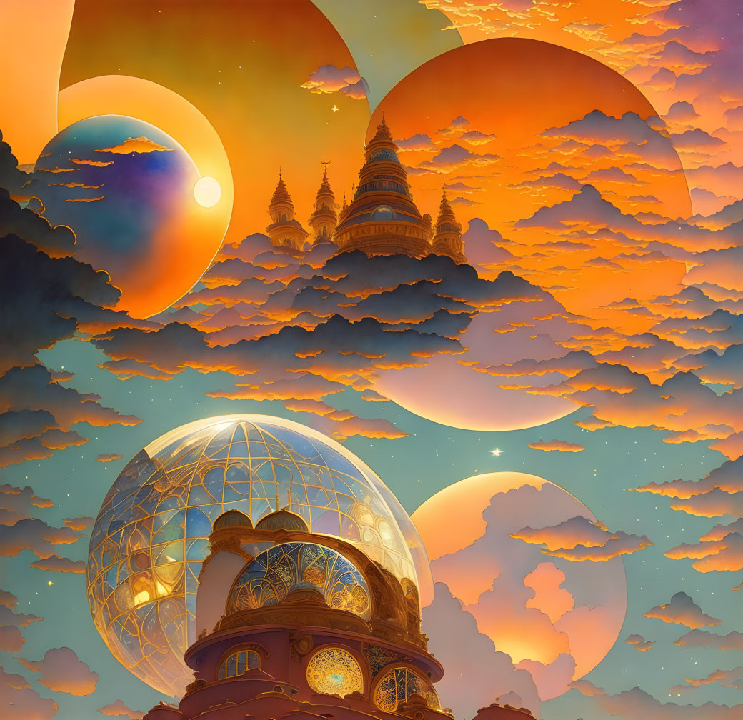 Fantastical sky with multiple moons, dome structure, and castle.