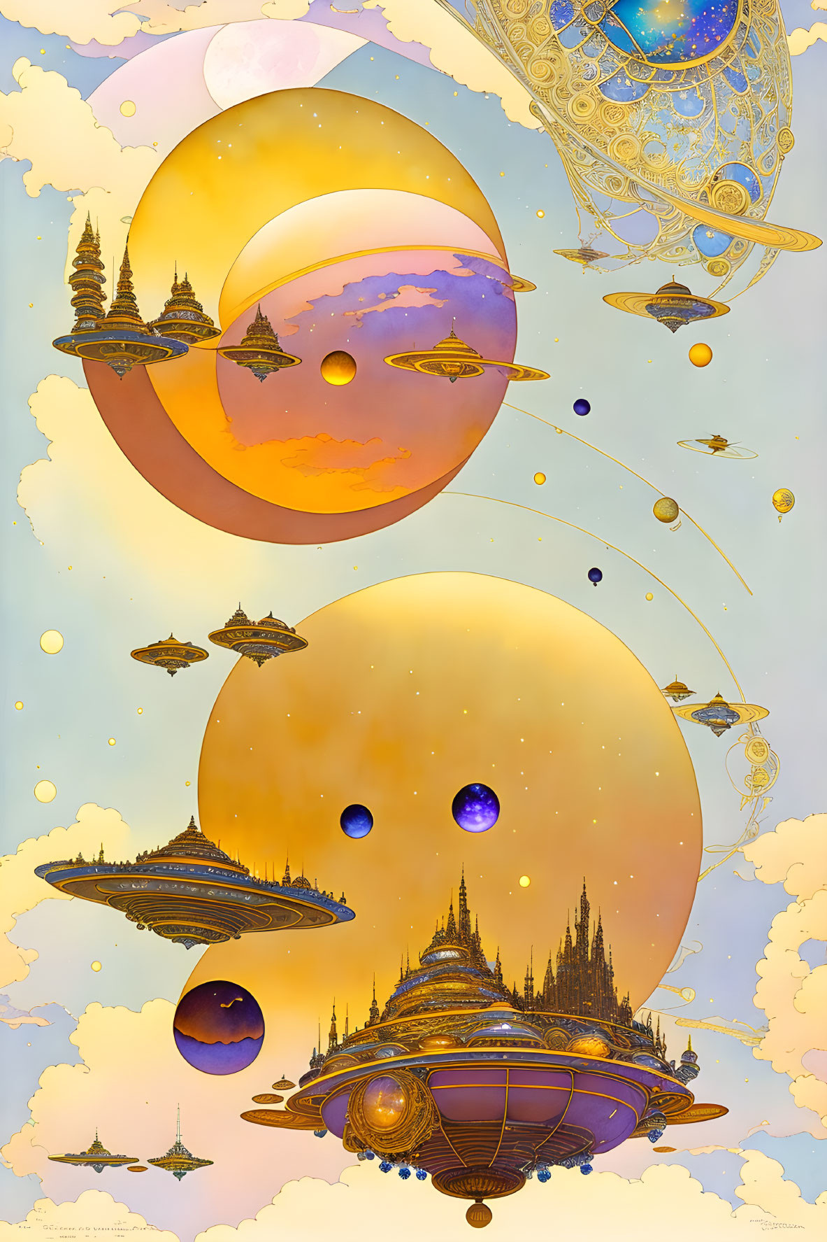 Fantastical sci-fi landscape with floating temples and airships