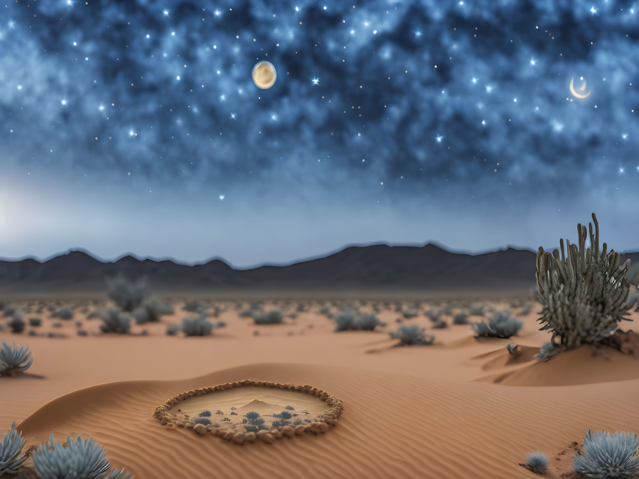 Desert Night Sky with Two Moons, Sand Dunes, Vegetation, and Oasis