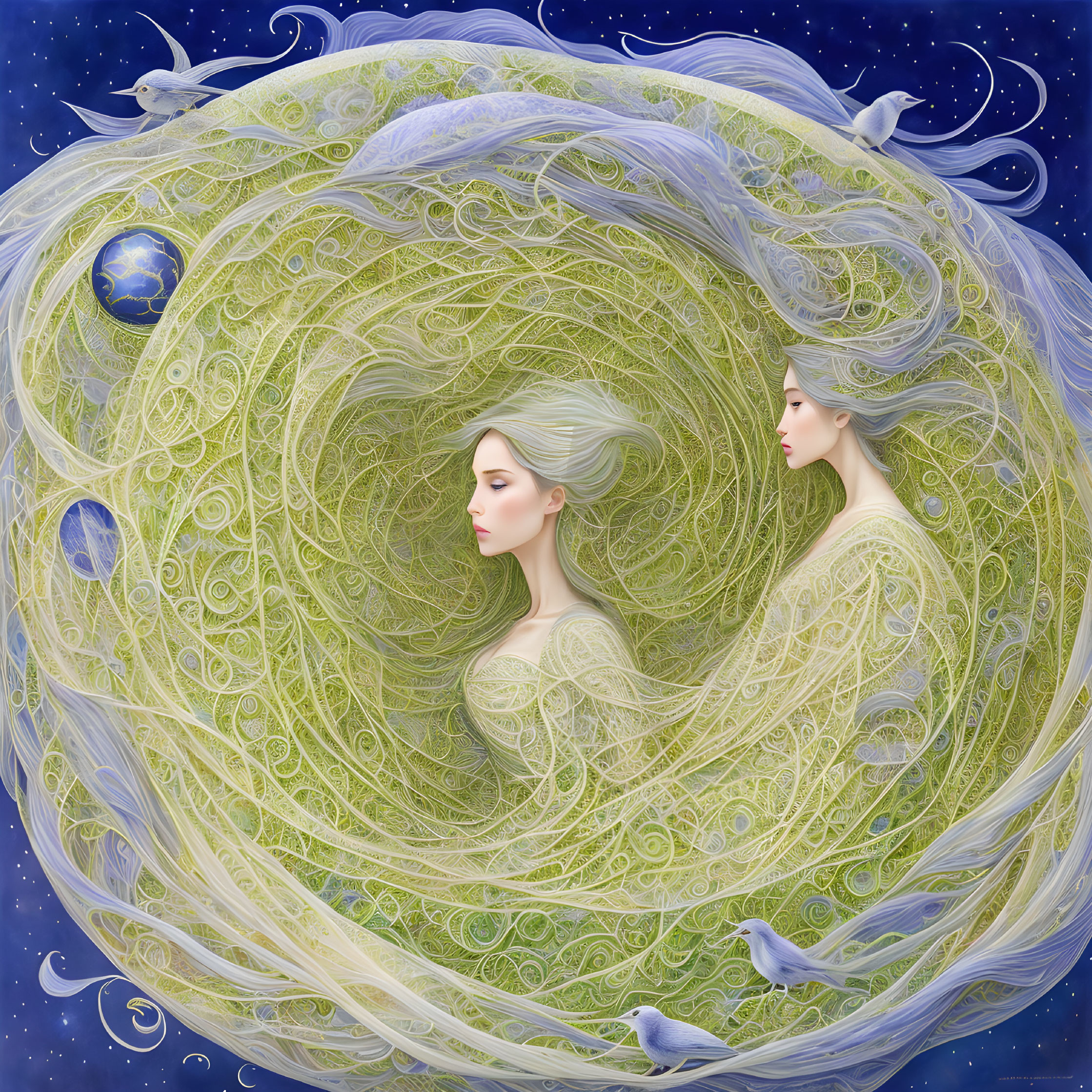 Stylized female figures in swirling green patterns under starry sky