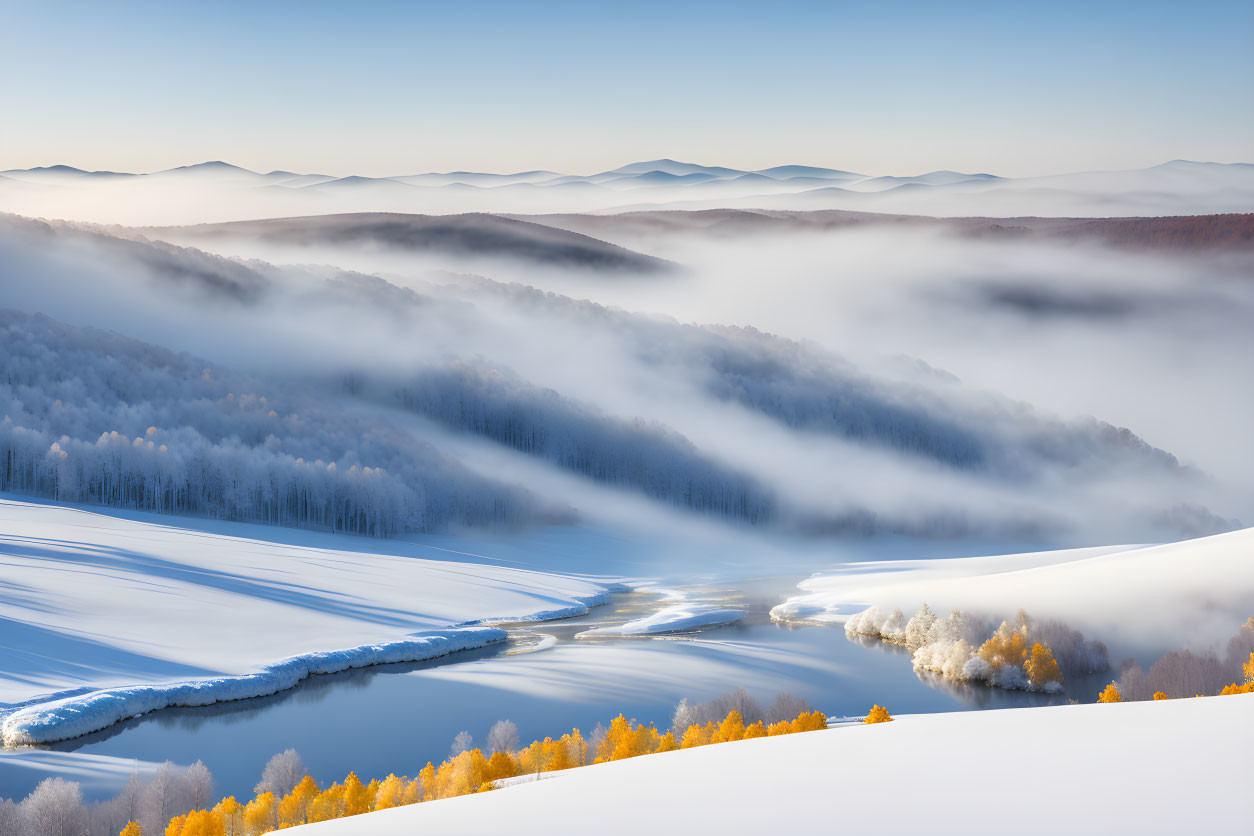 Winter landscape with river, snow-covered hills, misty forests, autumnal trees, clear sky