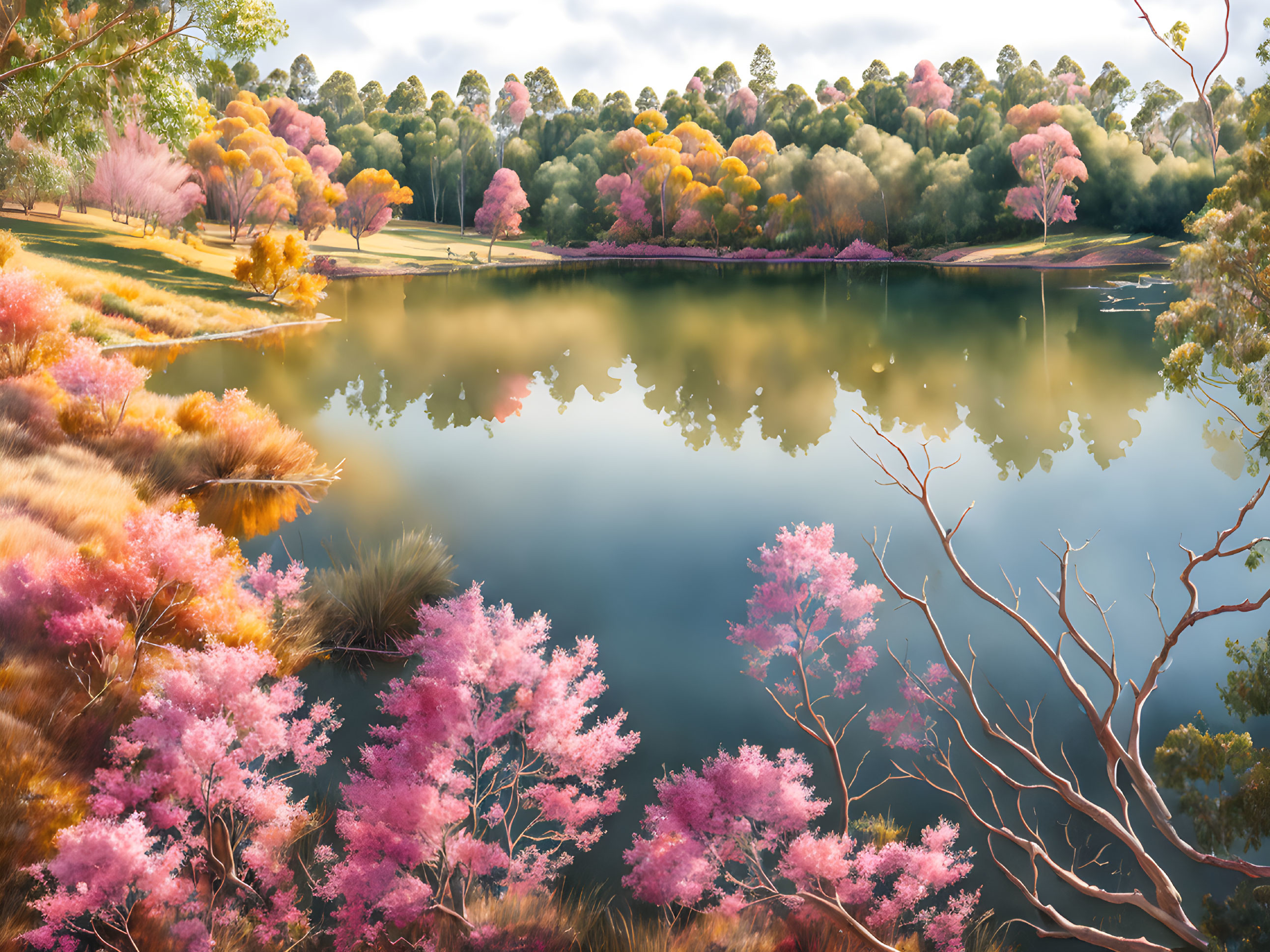 Tranquil autumn lake with colorful trees and gentle hills