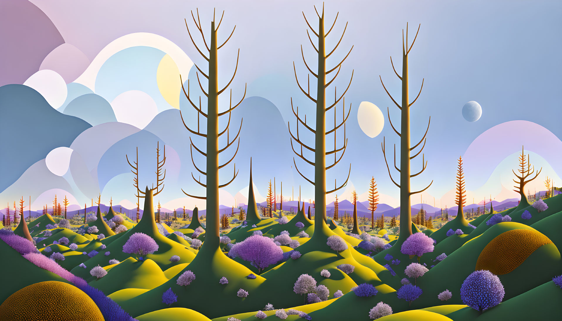 Surreal Landscape with Stylized Trees and Multiple Moons