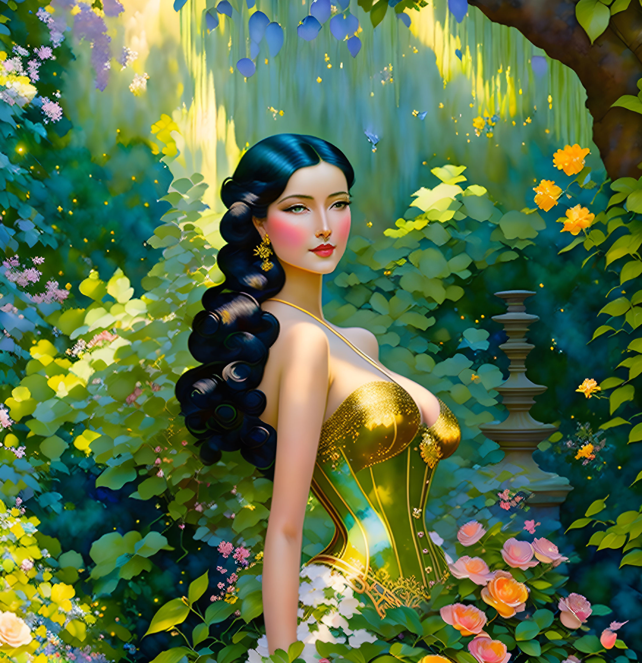 Stylized portrait of a woman in golden corset among lush greenery