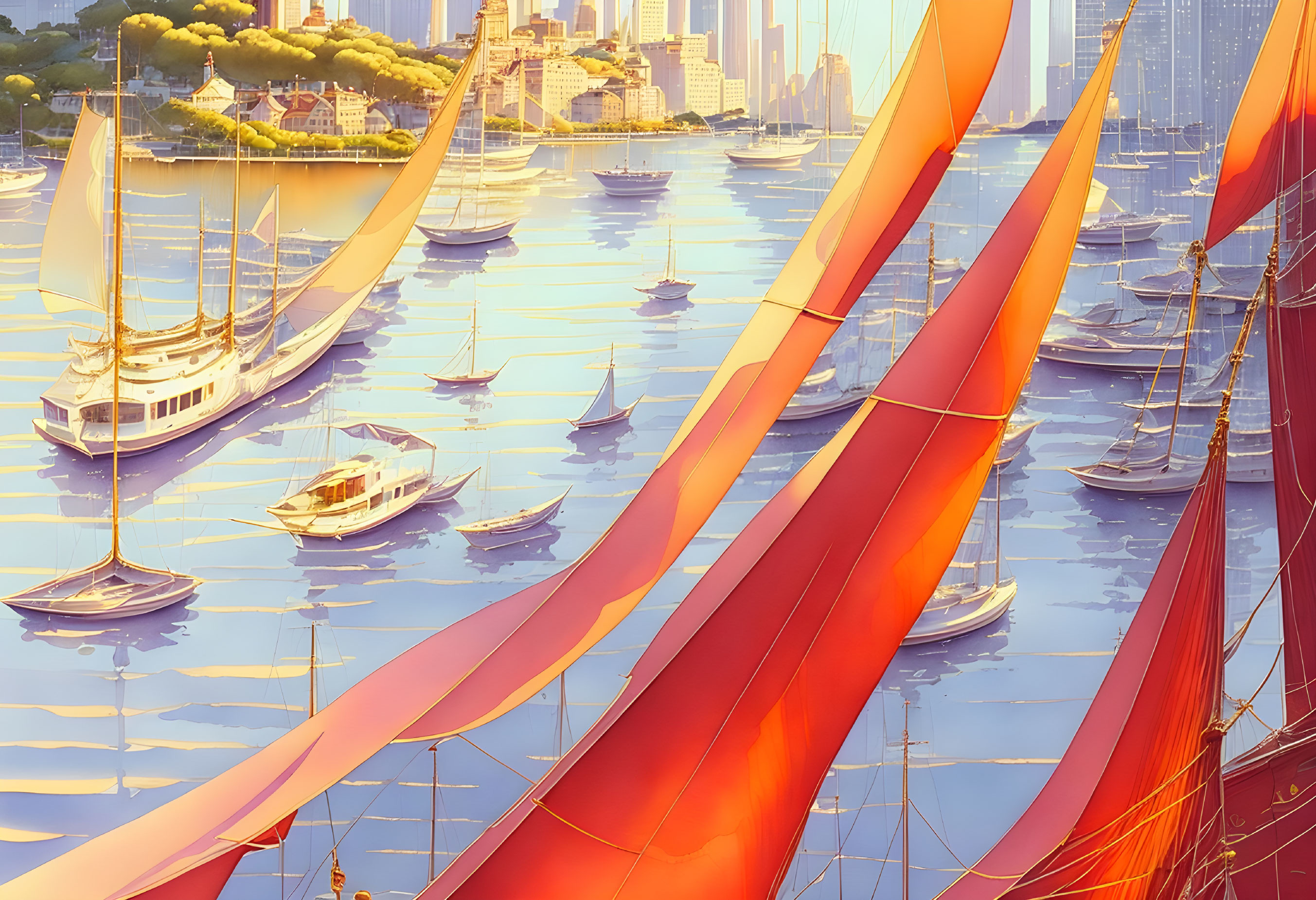 Scenic marina with sailboats, golden sunlight, and cityscape view