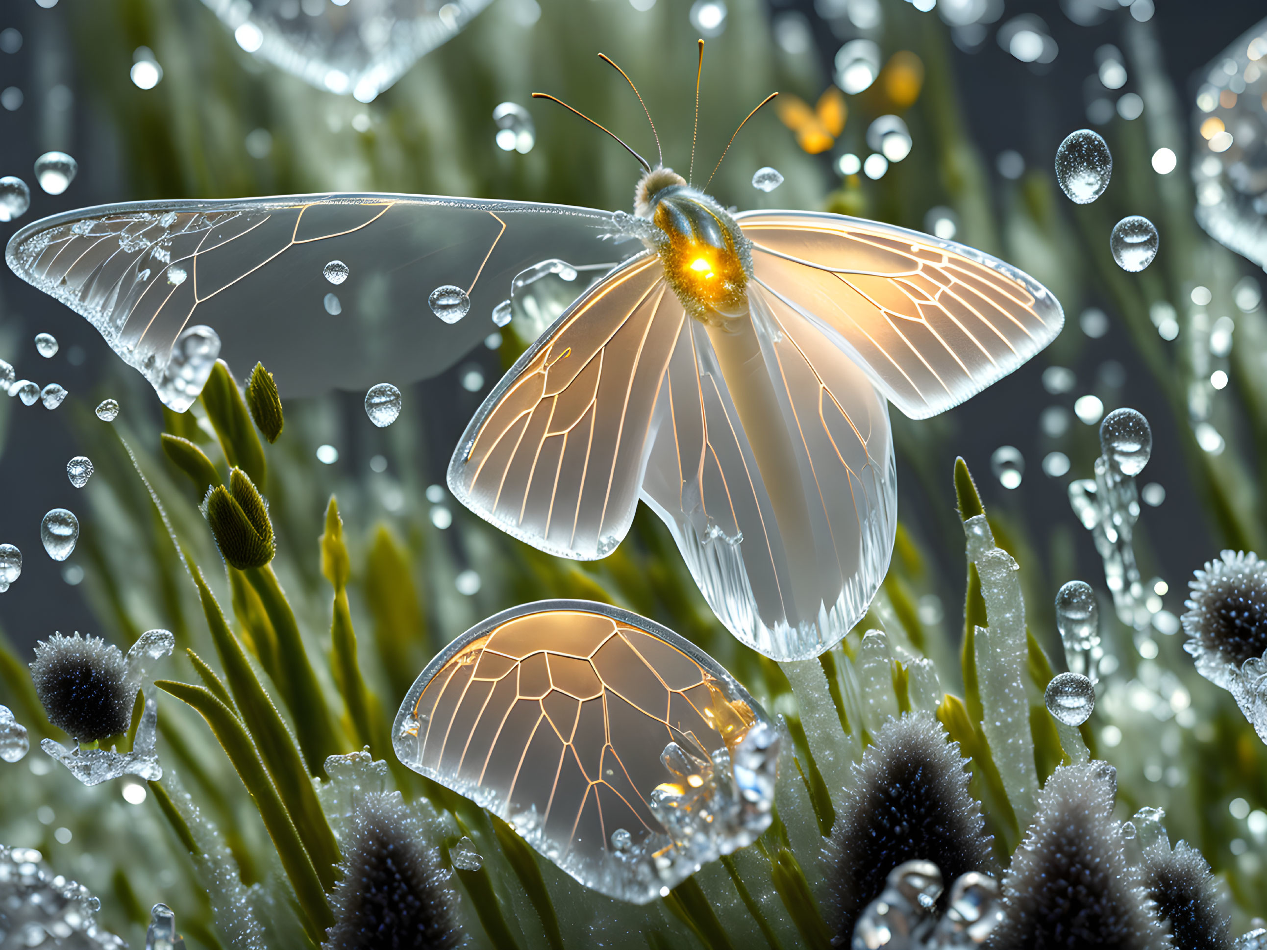 Translucent butterfly in dew-covered vegetation with sparkling water droplets.