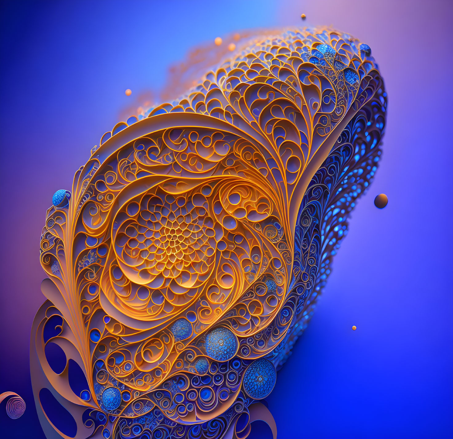 Intricate Gold and Blue 3D Fractal Art with Ornate Patterns