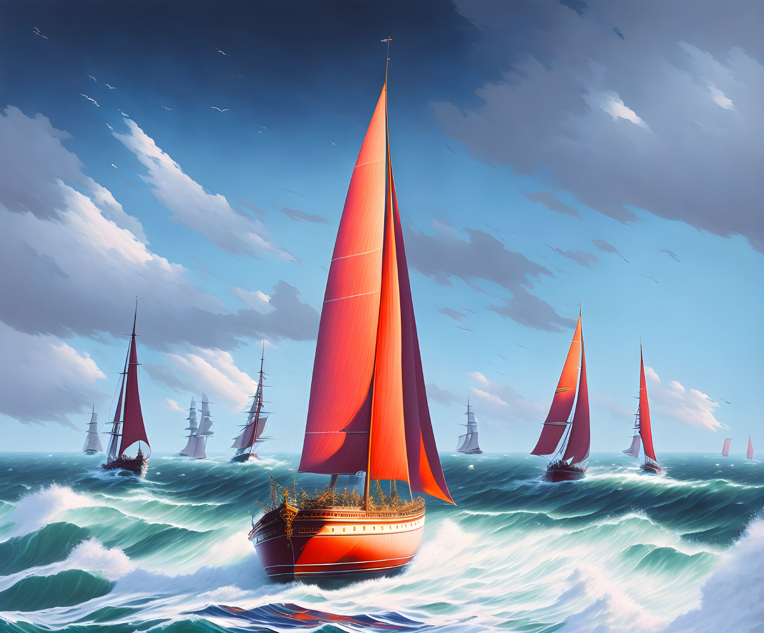 Vivid scene of sailboats with bright red sails on choppy ocean waters