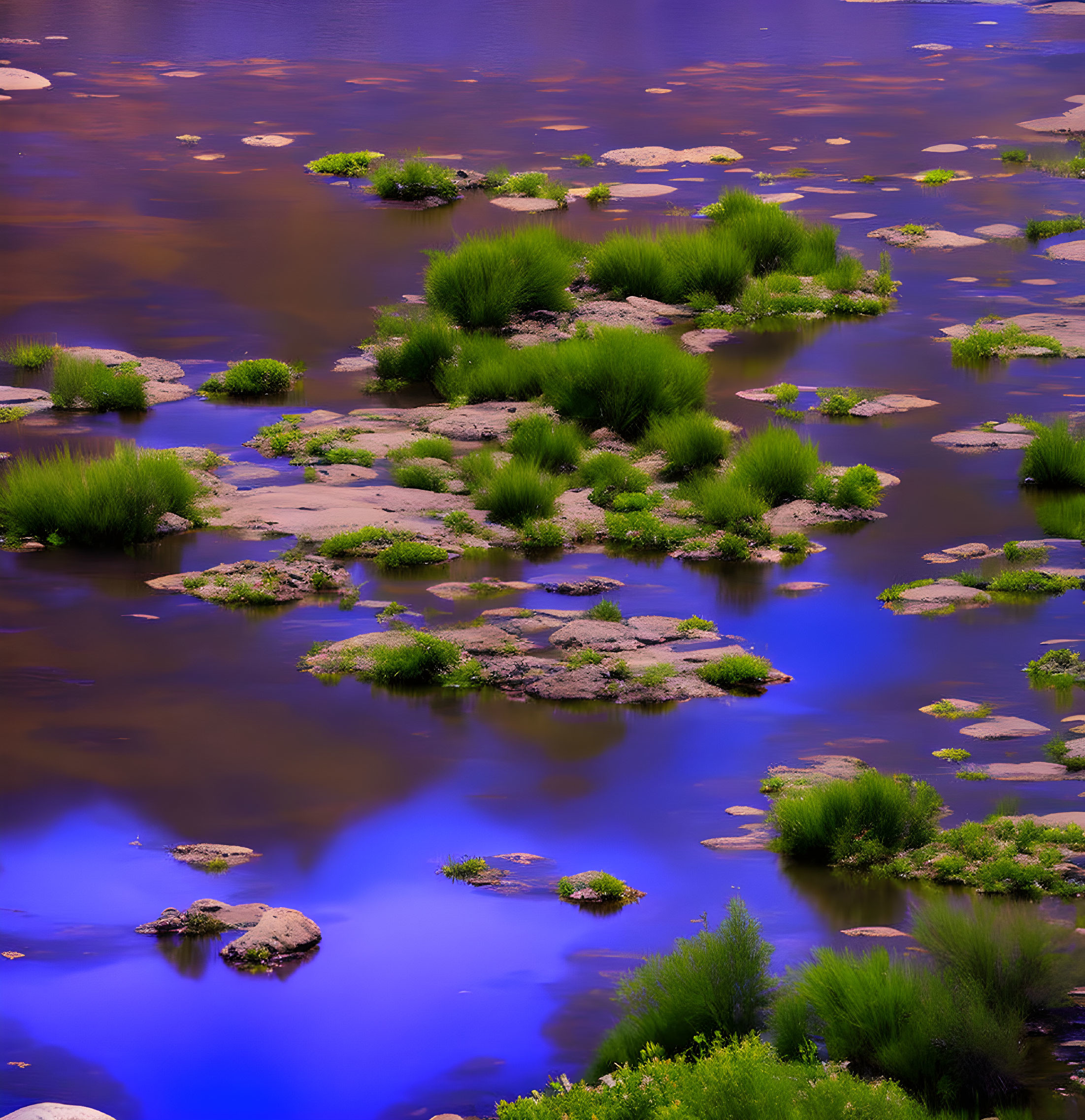 Serene natural landscape with vibrant blue river, green shrubs, and rocks