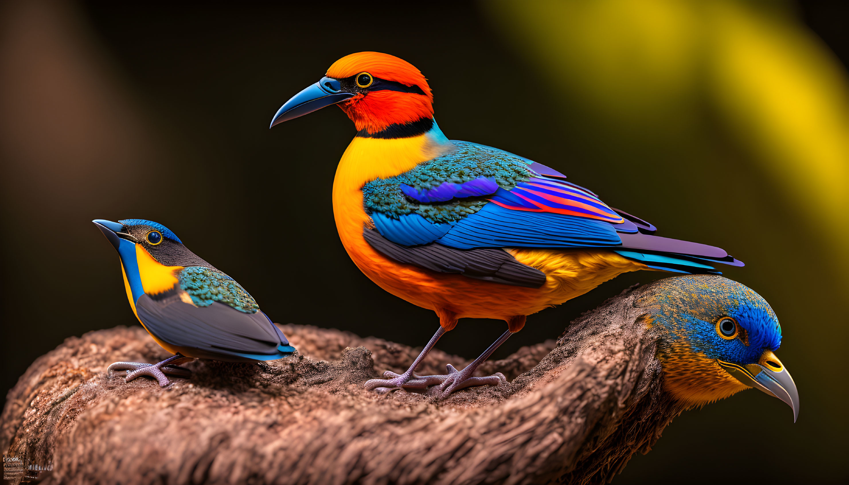 Colorful Birds Perched on Branch with Orange, Blue, and Green Plumage