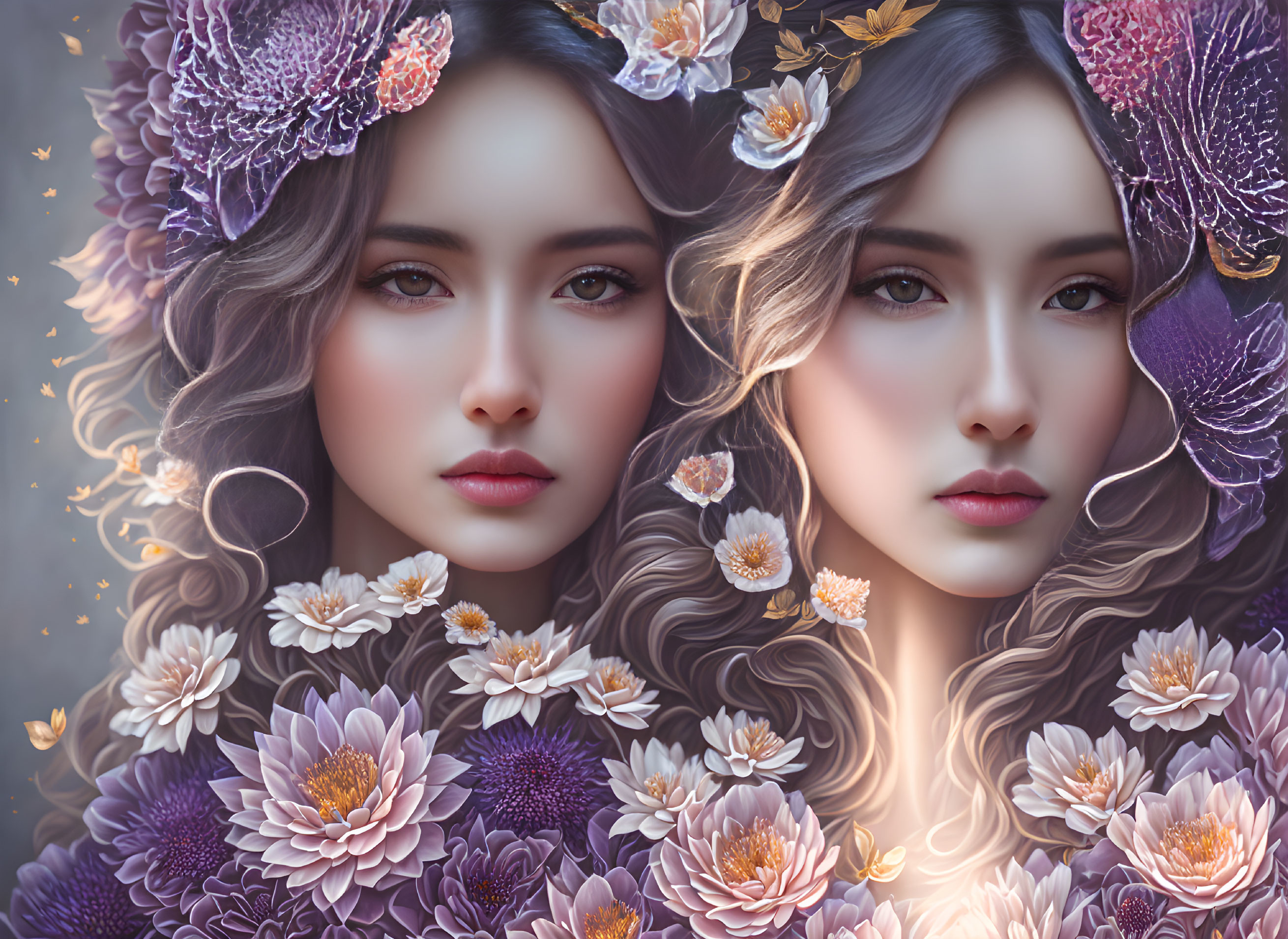 Ethereal women with floral hairstyles and butterflies in purple and gold palette