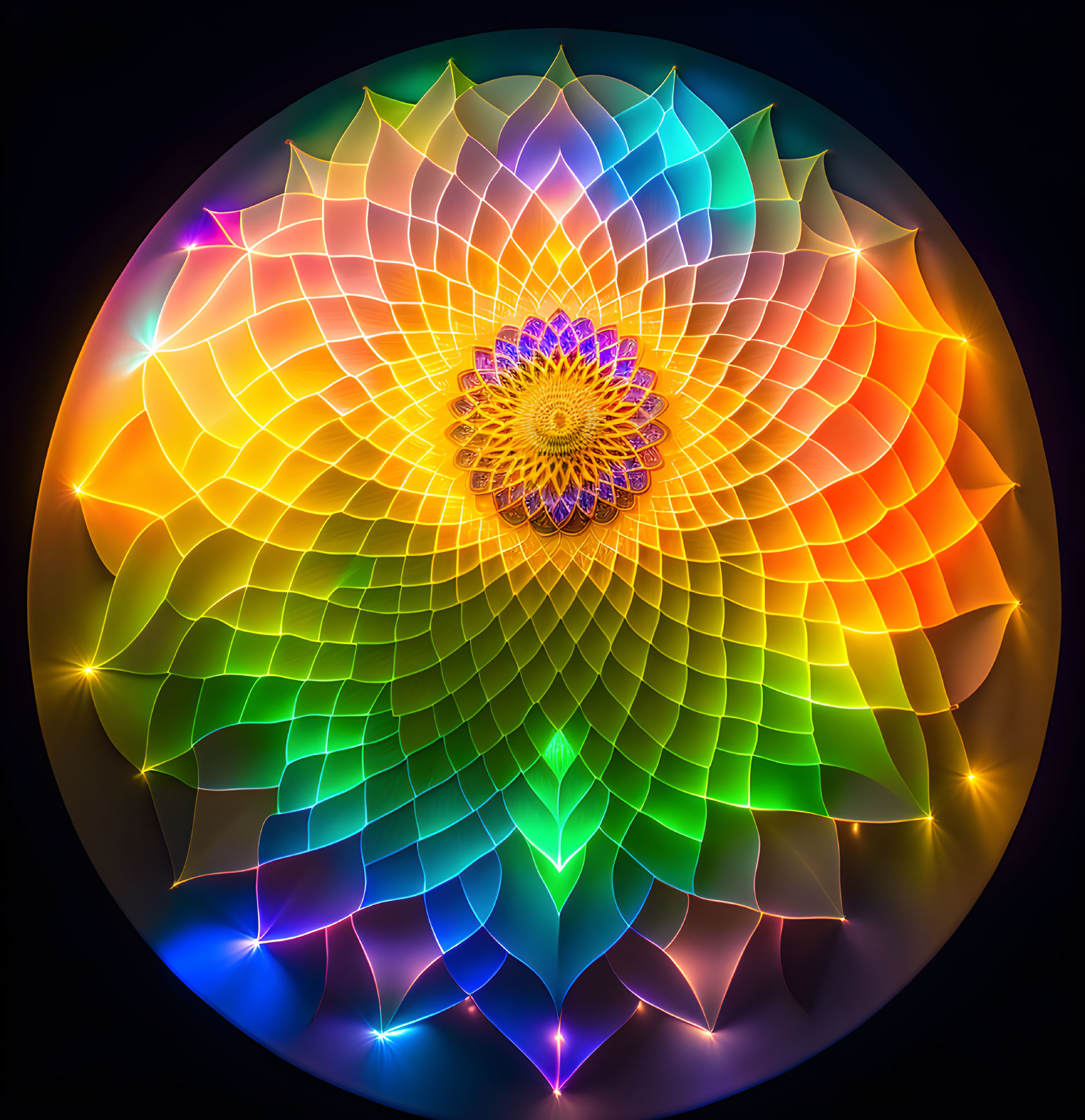 Circular multicolored mandala-like digital art on black background