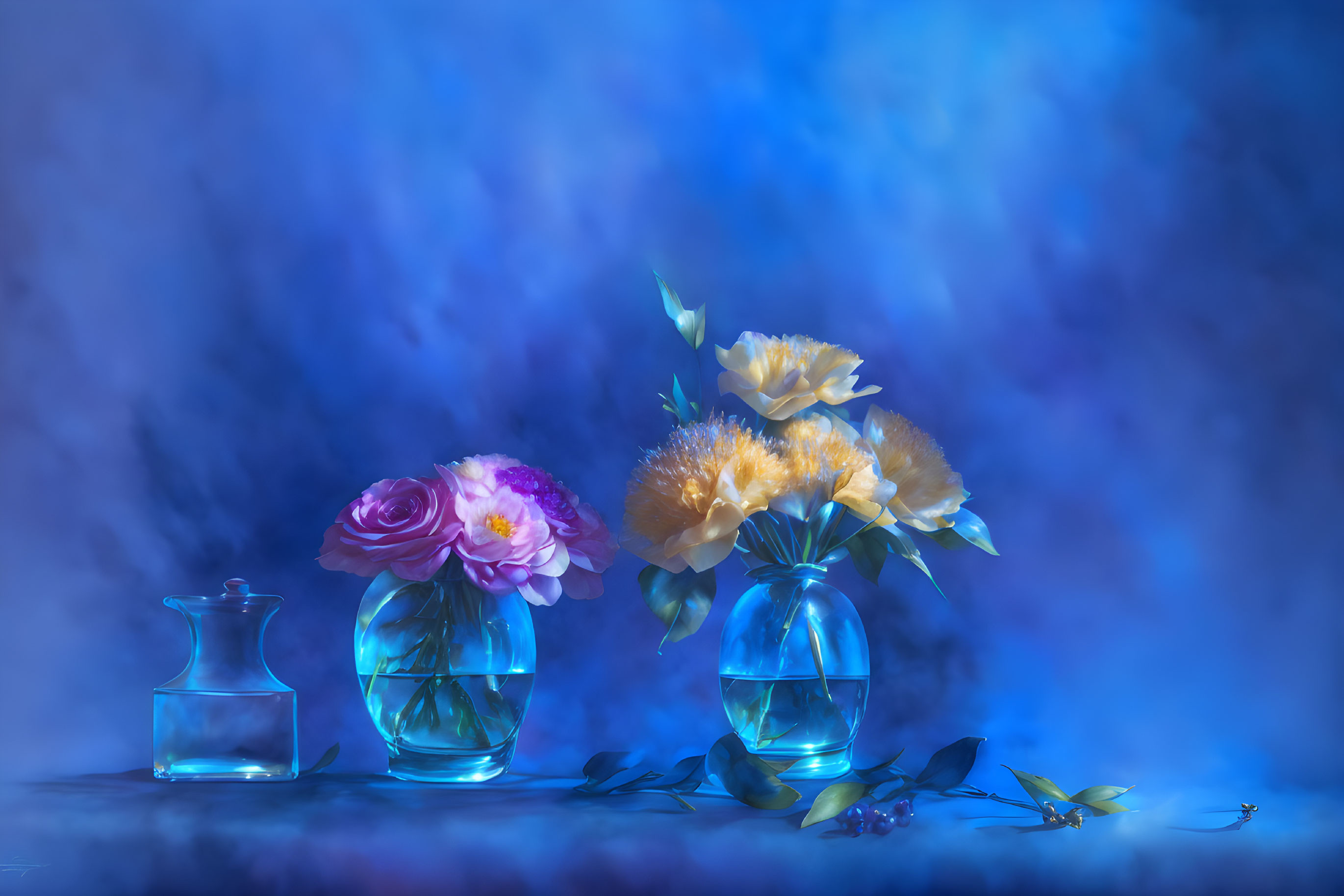 Colorful flowers in transparent vases on blue background