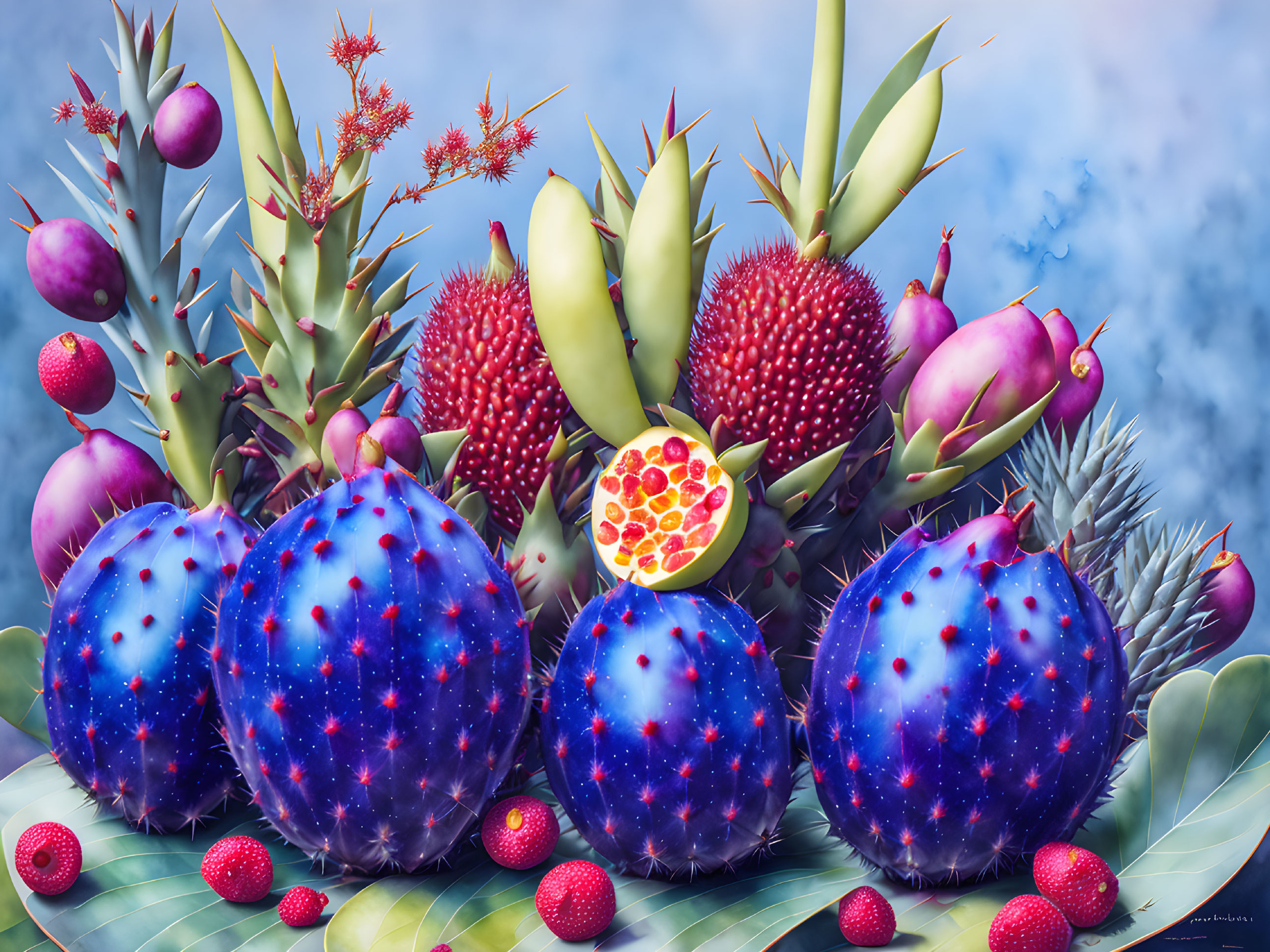 Fantastical cosmic fruit arrangement with starry cacti and exotic blooms