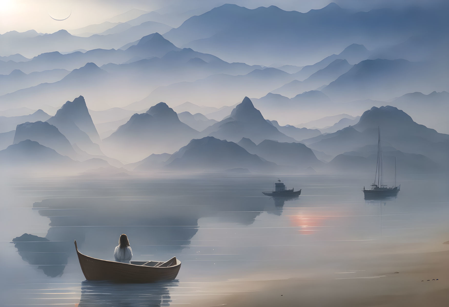 Tranquil landscape with misty mountains, calm lake, rowboat, and soft colors