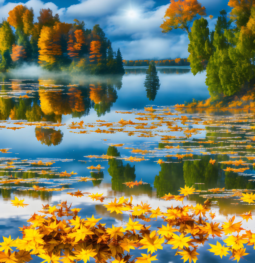 Tranquil lake scene with autumn trees, floating leaves, and mist