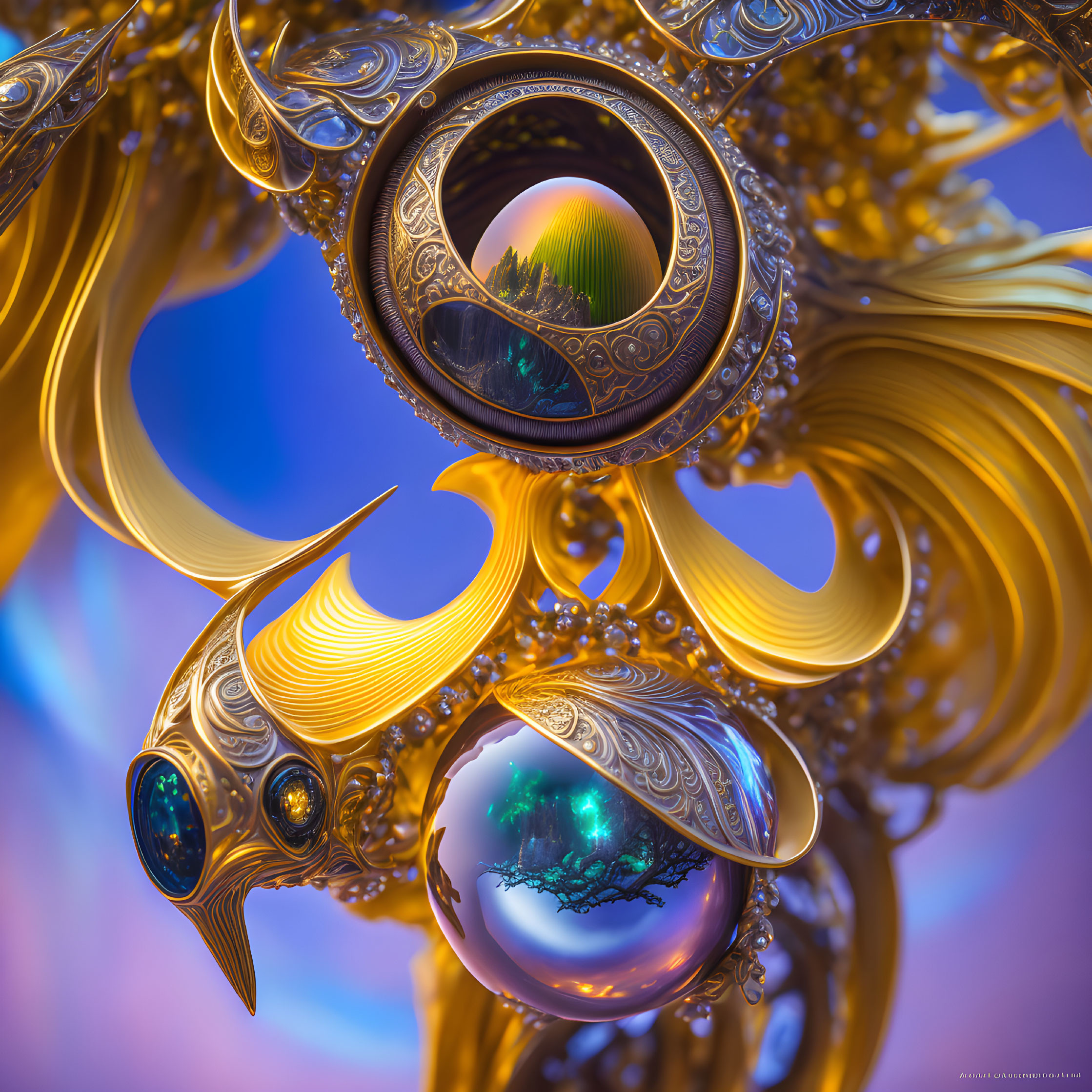 Golden Fractal Sculpture with Miniature Scene Orbs