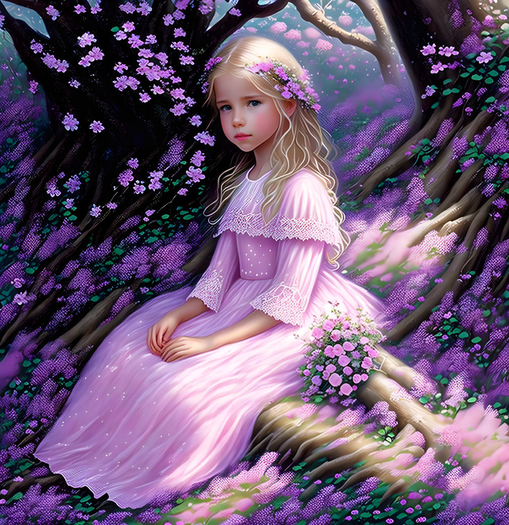 Young girl in pink dress with floral crown sitting under tree among lush purple flowers