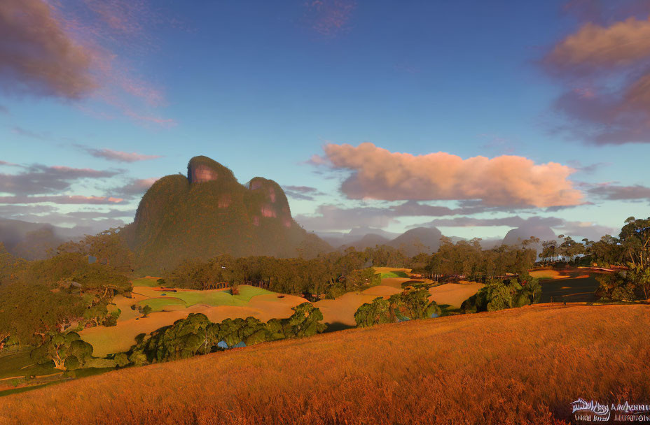 Lush mountain backdrop with rolling hills, trees, and sunlit field