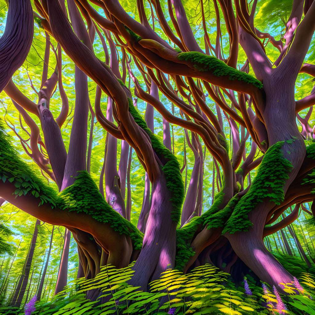 Enchanted forest with twisted purple trees and lush green undergrowth