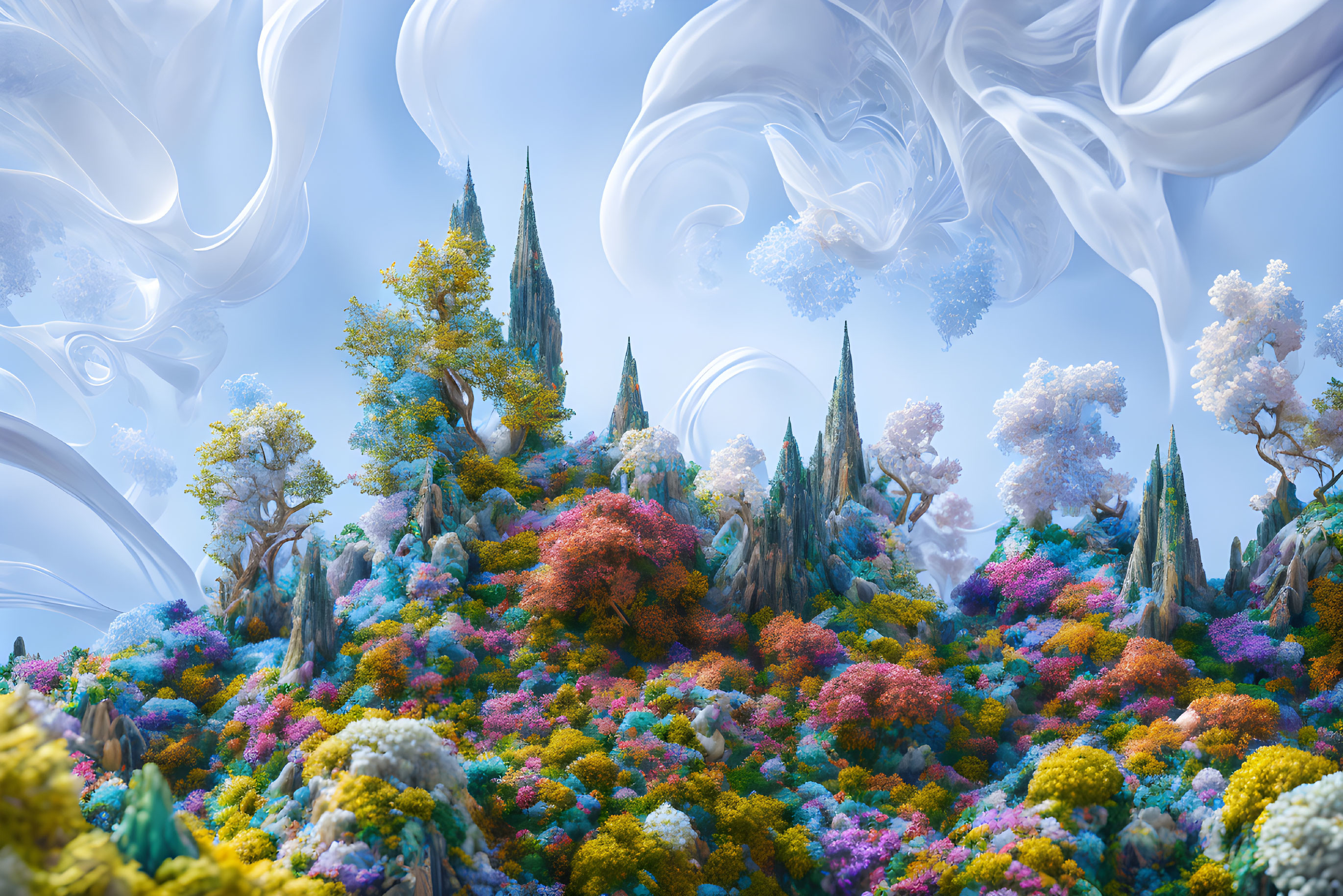 Fantastical Multicolored Flora in Surreal Landscape