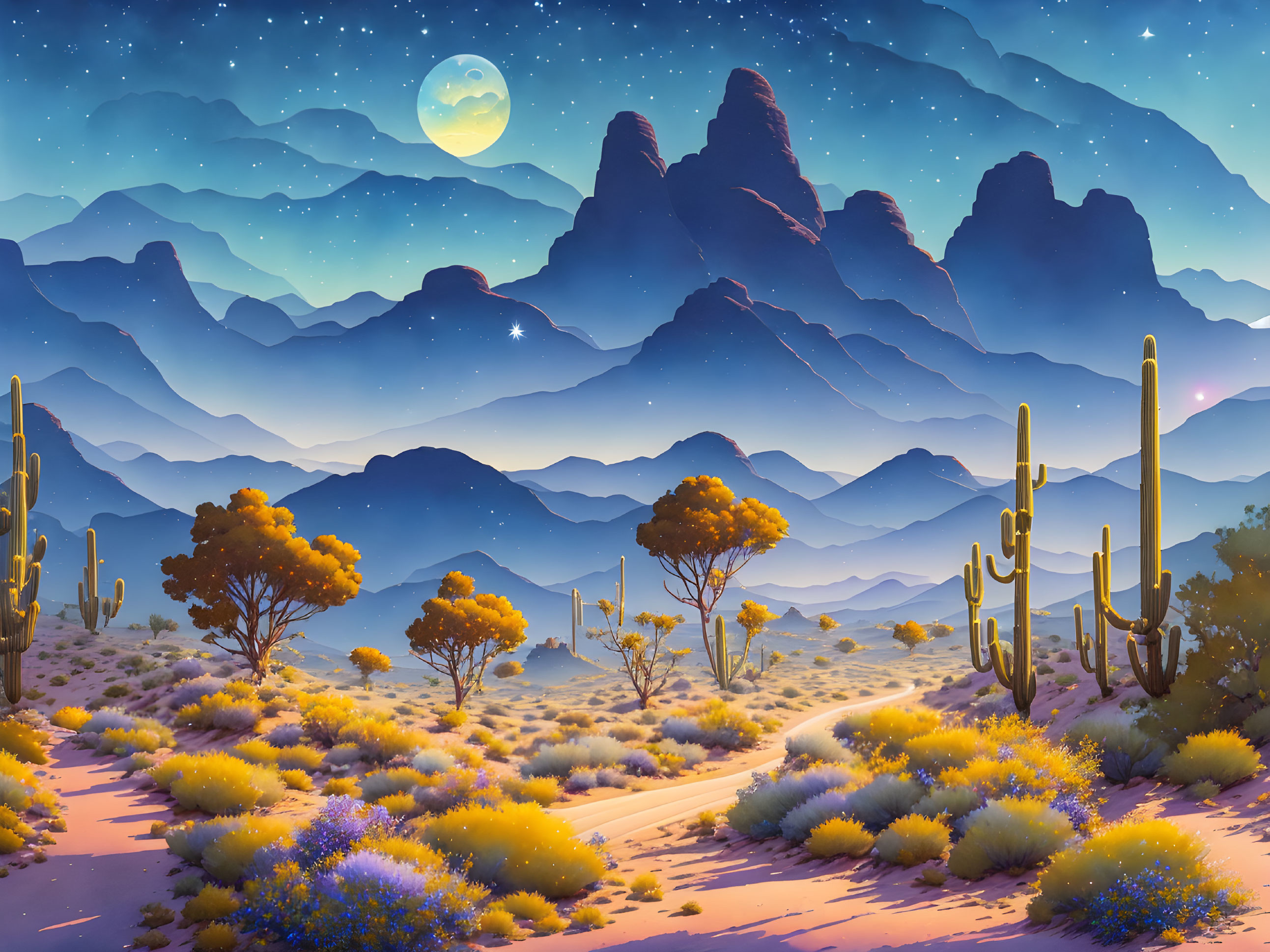 Desert Night Scene with Cacti, Mountains, and Moon