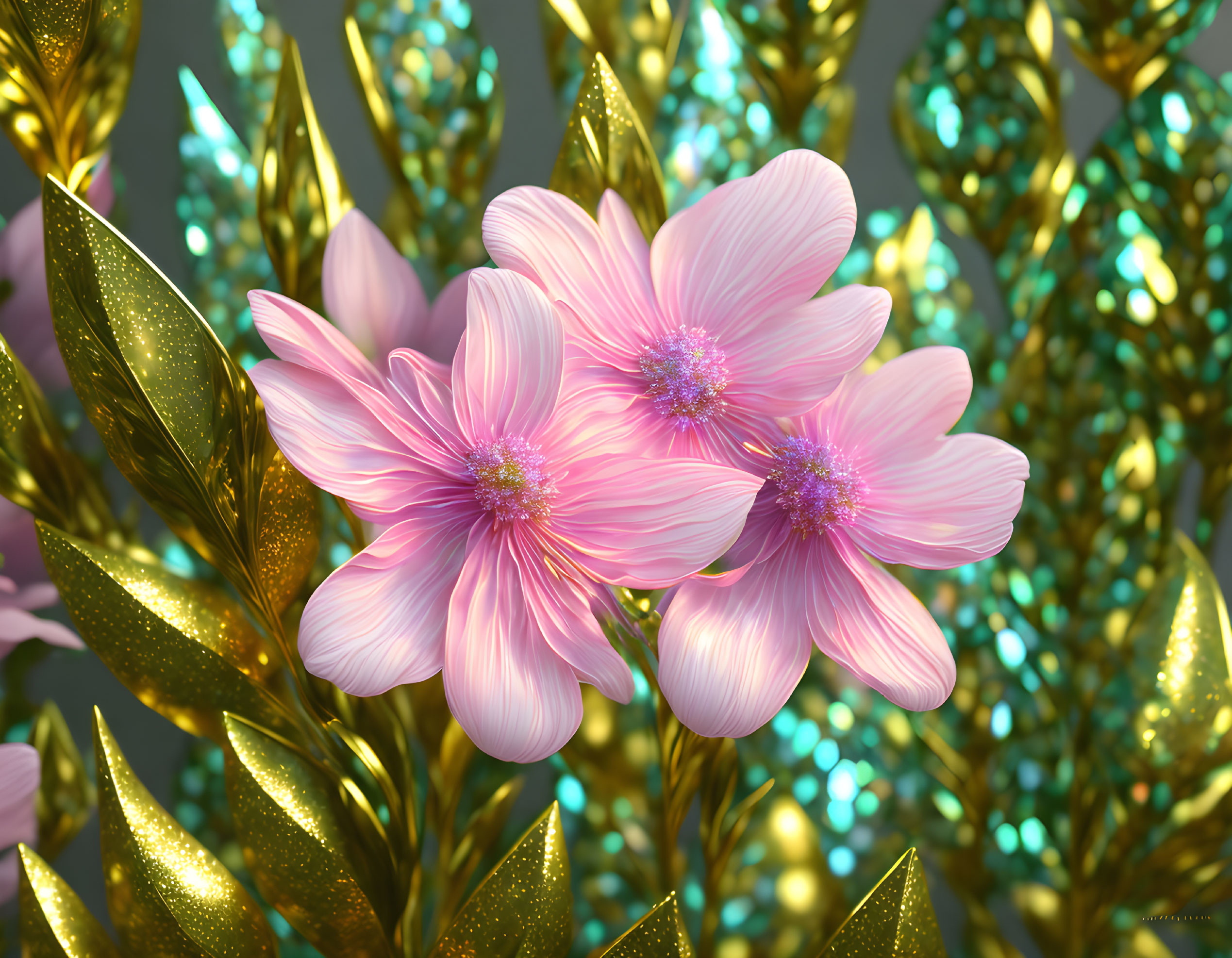 Detailed Pink Flowers Surrounded by Golden Leaves on Green Background