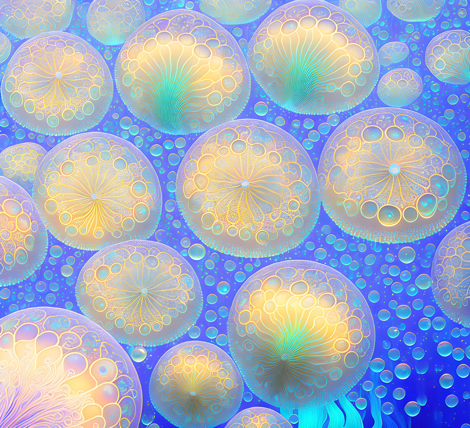 Colorful Digital Art: Intricate Circles in Blue, Yellow, and Pink