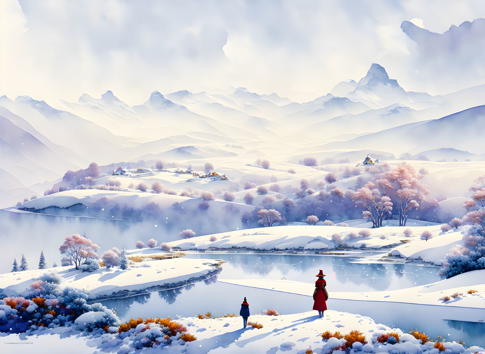 Serene snowy landscape with river, autumn trees, and distant mountains