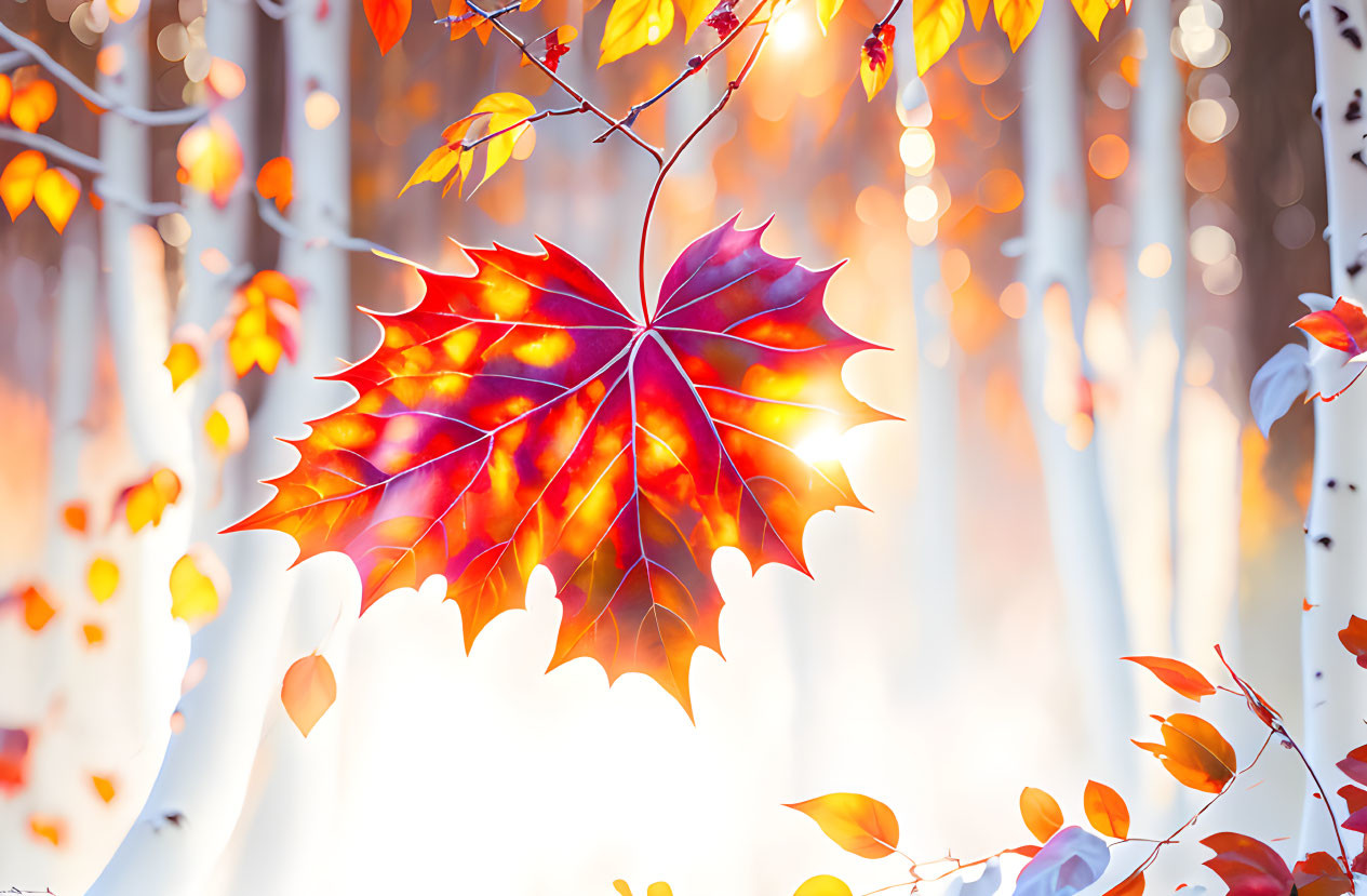 Vivid red autumn leaf in sunlit forest with golden foliage