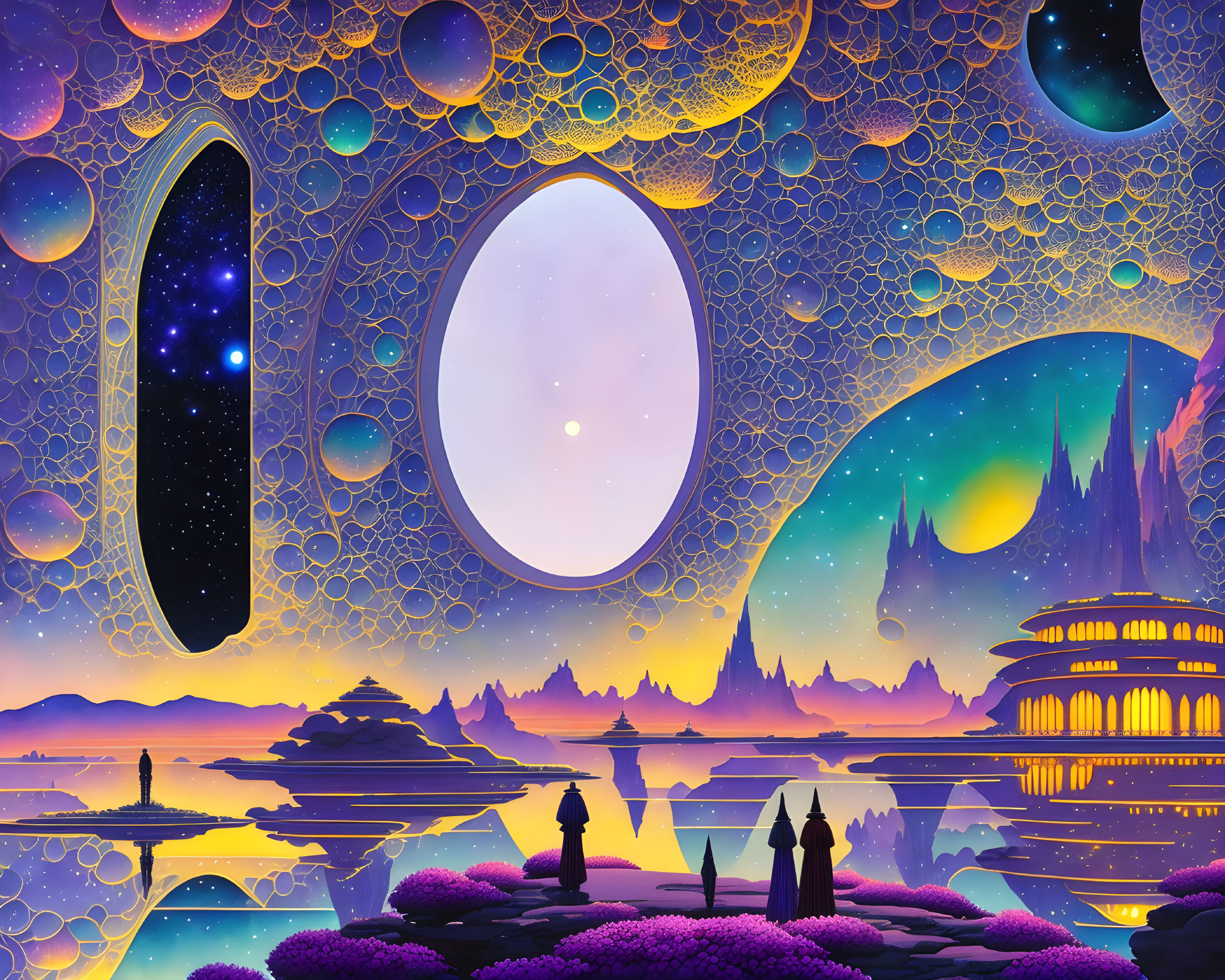 Surreal landscape with bubble-like sky patterns and futuristic elements